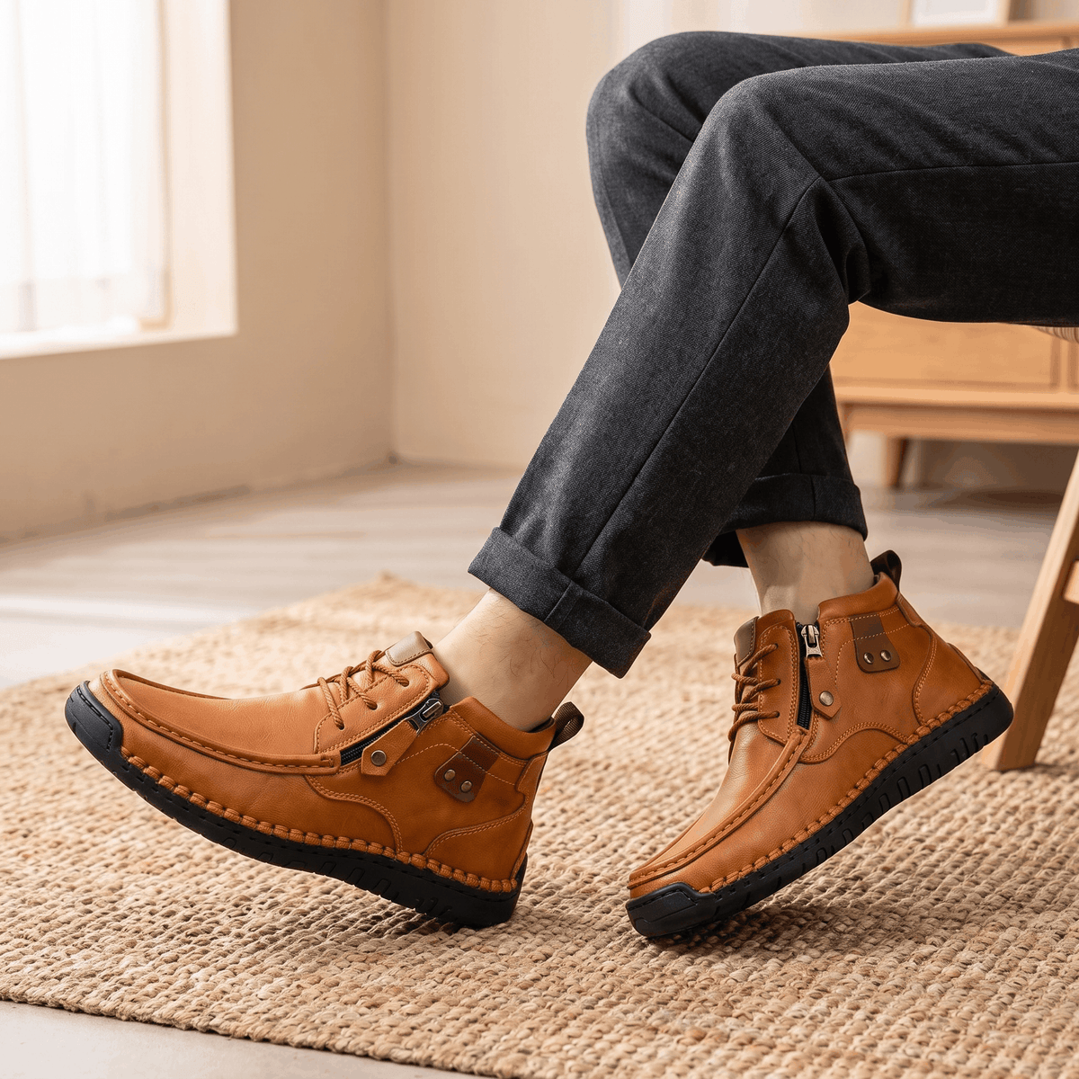 Brown leather moc toe boots with side zippers, whipstitched rubber midsoles, and apron seams worn with dark cuffed trousers.