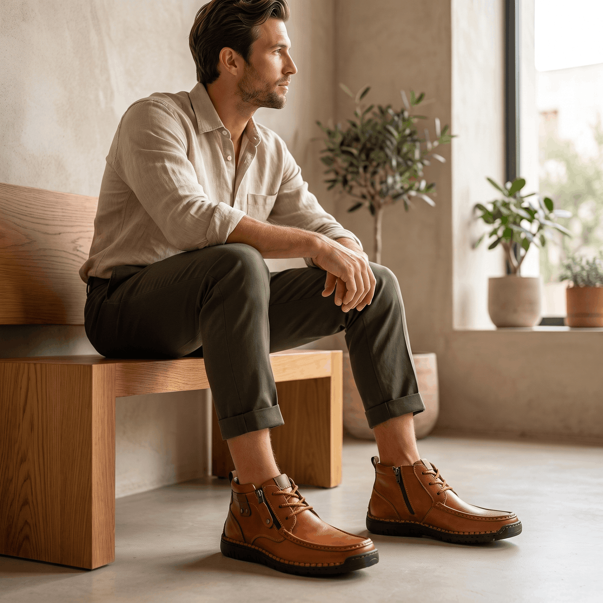 Brown leather moc toe boots featuring a whipstitched midsole, side zip entry, and apron seam, worn by a man sitting on a bench.