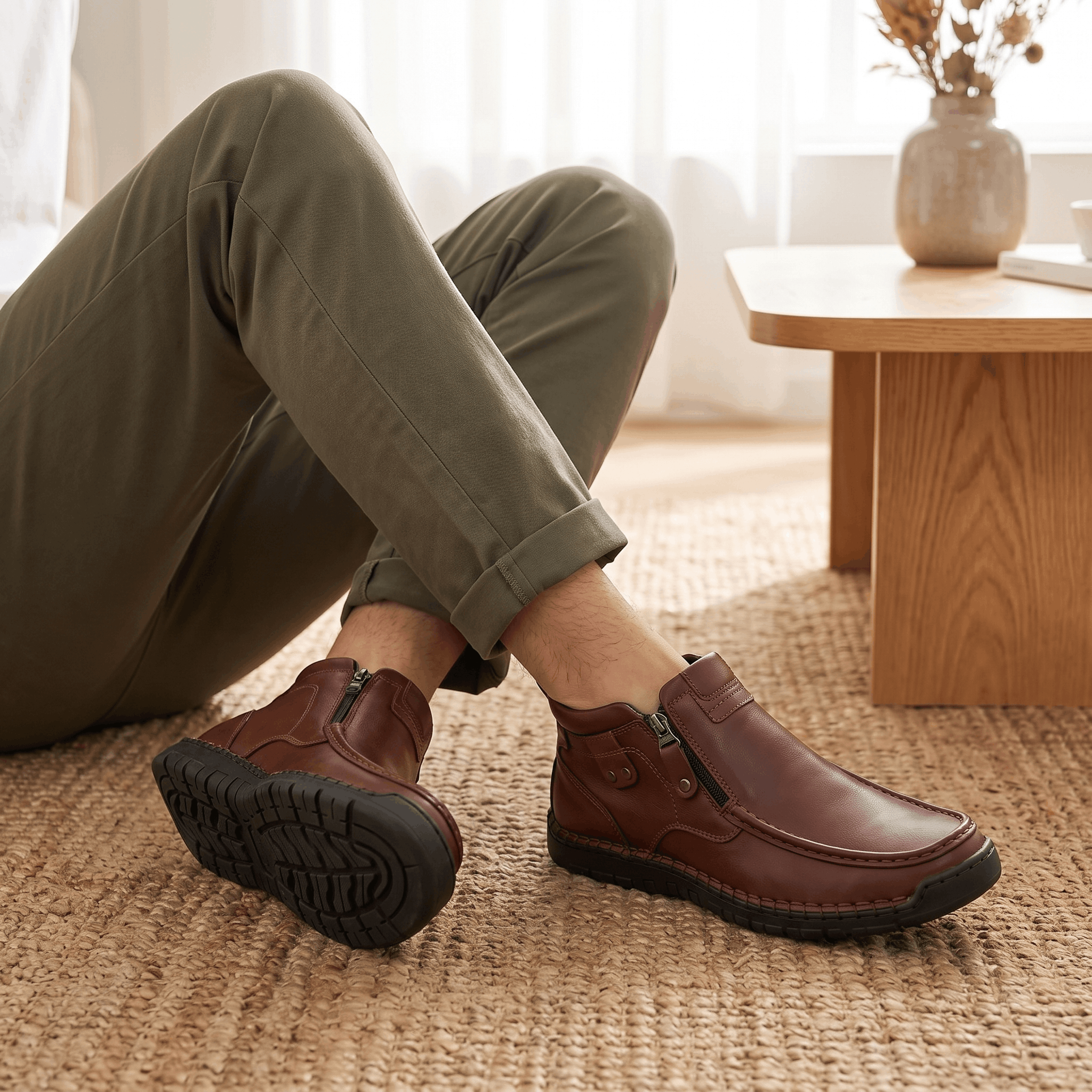 Dark brown leather moc toe boots featuring a side zip, whipstitched rubber midsole, and apron seam, worn with olive trousers.