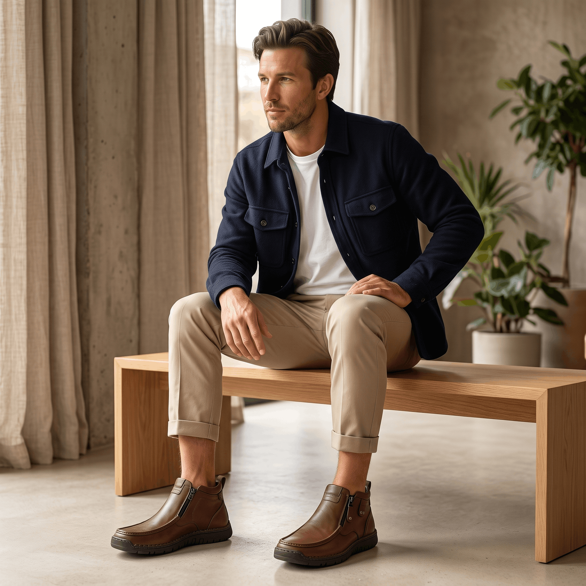 Dark brown leather moc toe boots with side zippers and whipstitched rubber midsoles worn with cuffed chinos.