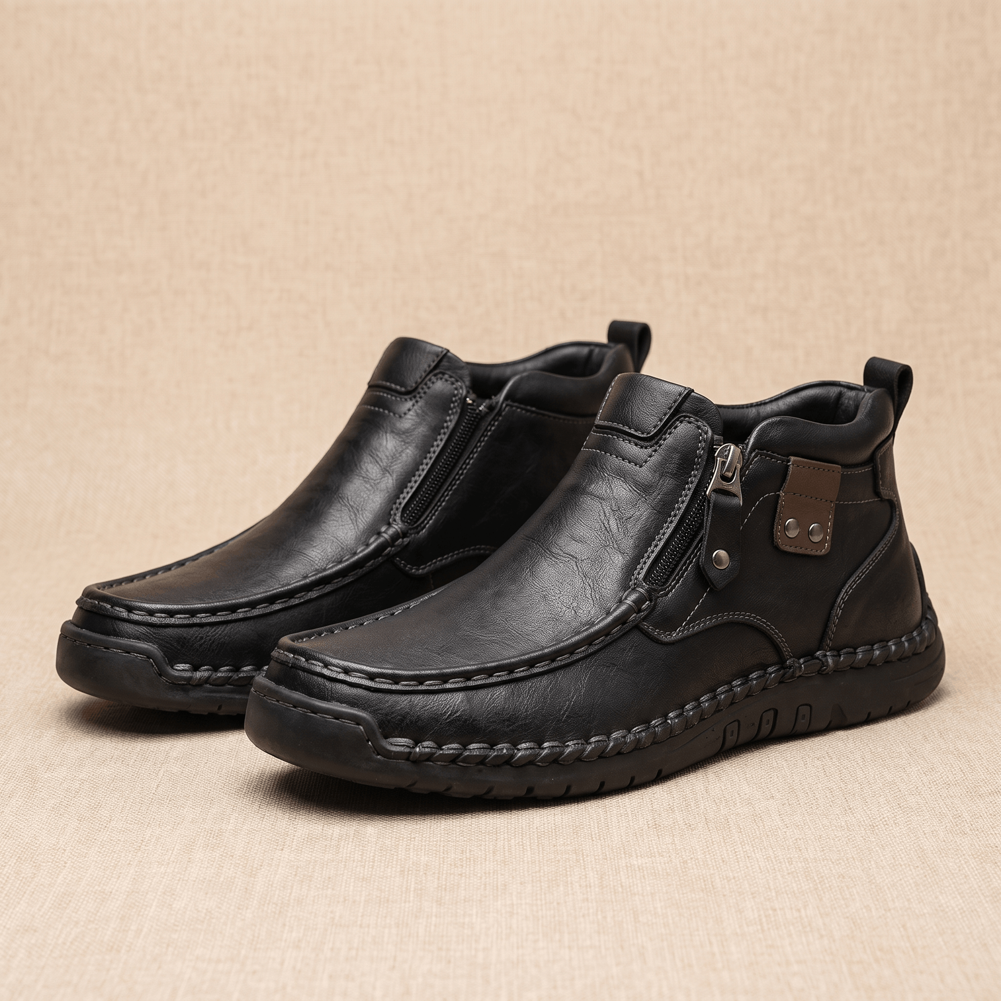 Black leather moc toe boots featuring a whipstitched rubber midsole, side zip entry, and apron seam detail on a neutral background.