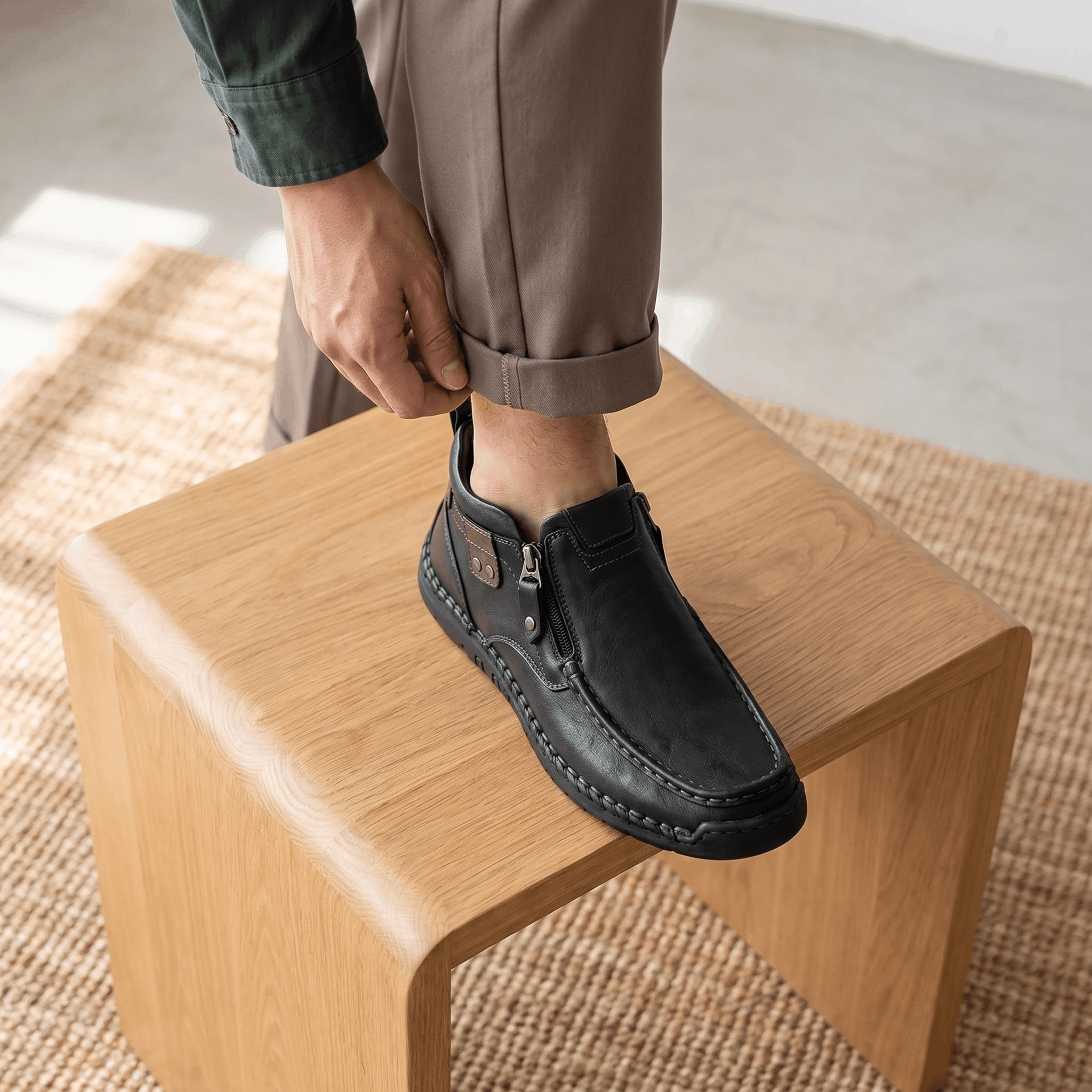 Black leather moc toe boots featuring a side zip, whipstitched rubber midsole, and apron seam detail on a wooden stool.