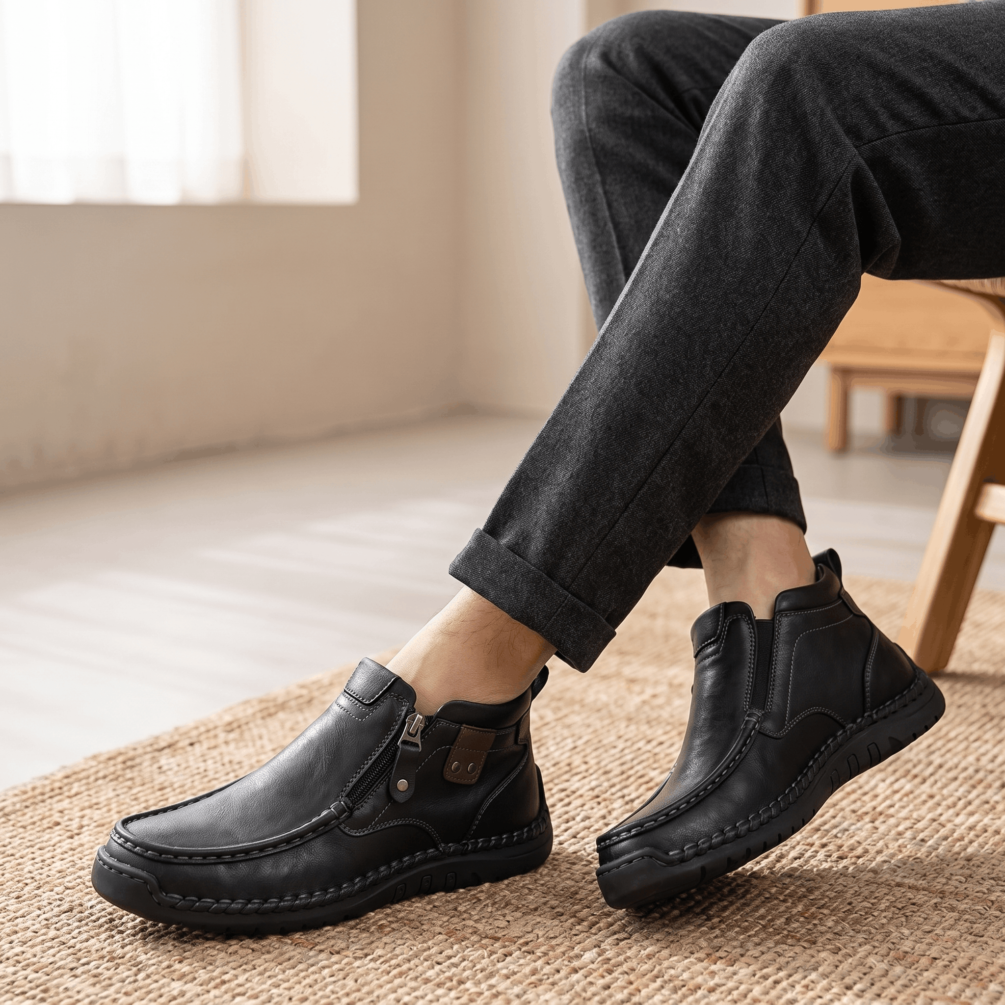 Black leather moc toe boots with side zip entry and whipstitched rubber midsoles worn with charcoal trousers.