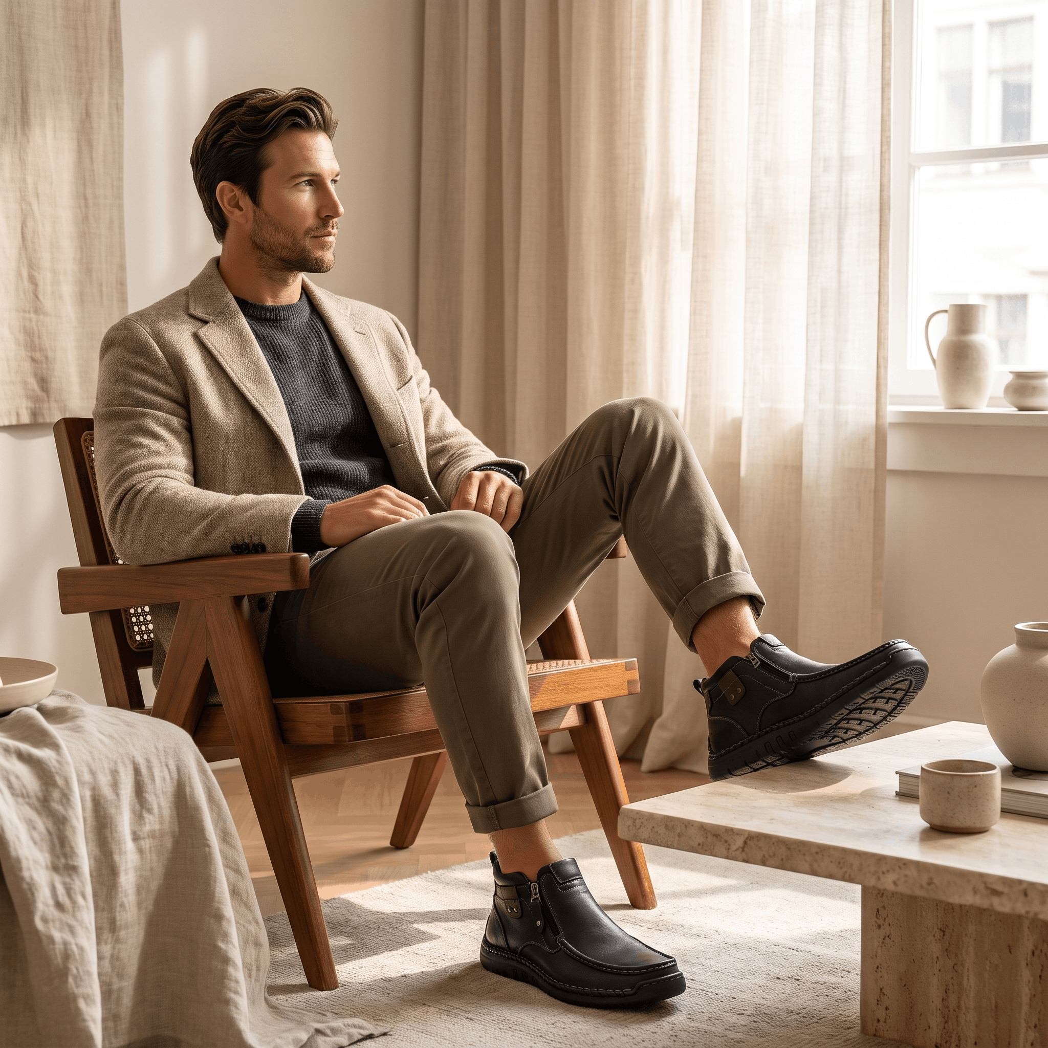 Black leather moc toe boots with whipstitched midsoles and side zips worn by a man in a sunlit room.