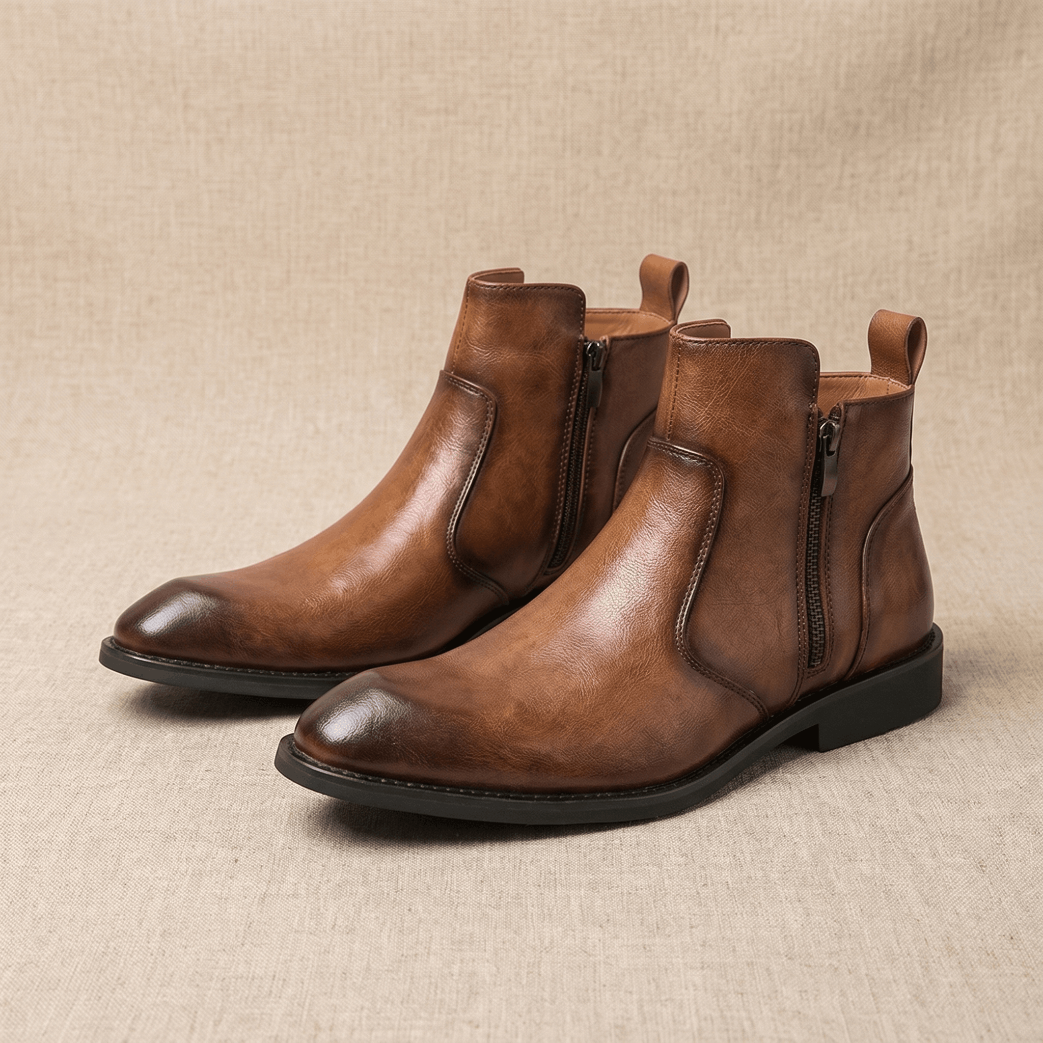 Burnished brown leather dress boots with a pointed toe, inside zip closure, and a slim stacked block heel.
