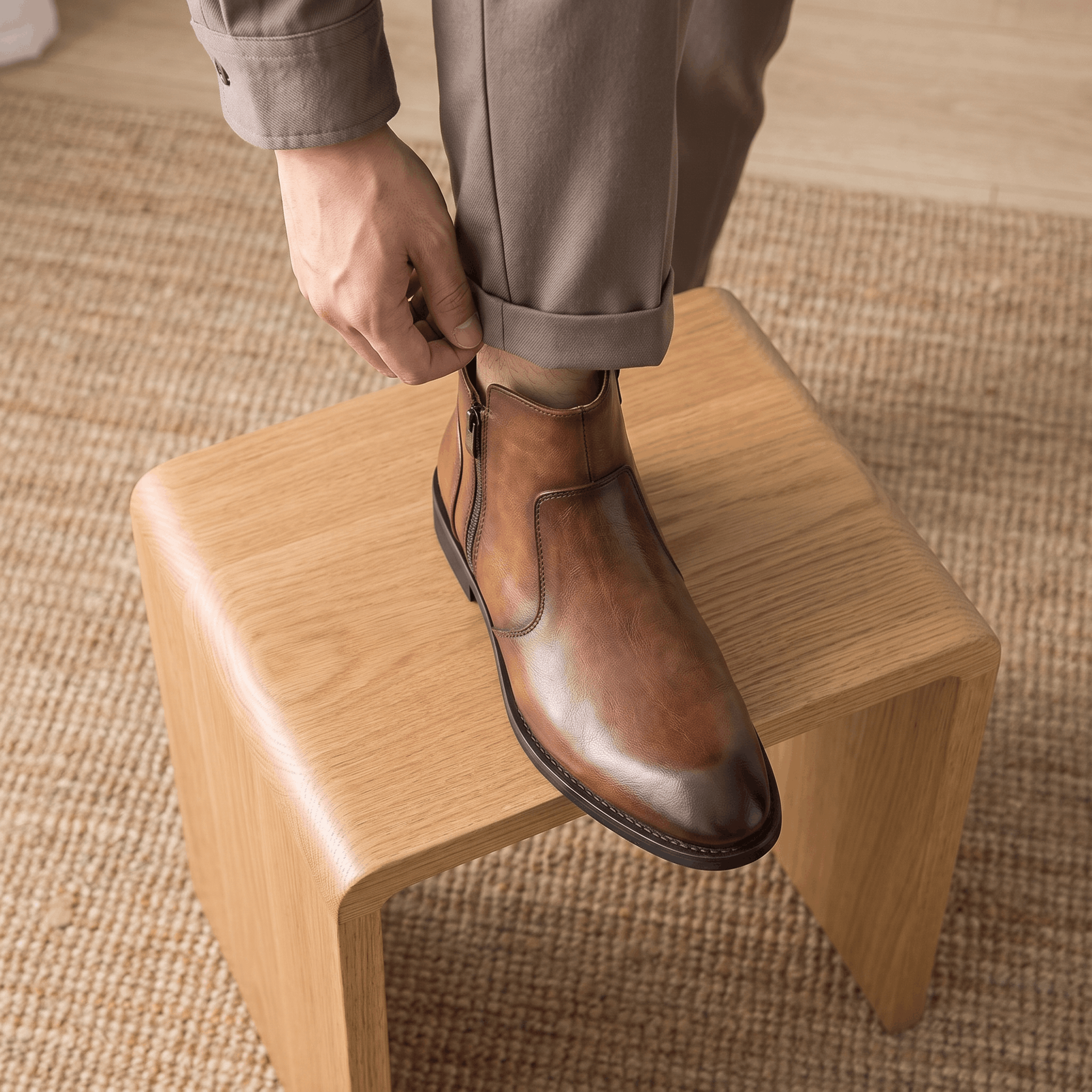 Burnished brown leather dress boot with a pointed toe, slim stacked heel, and discreet inside zip closure.