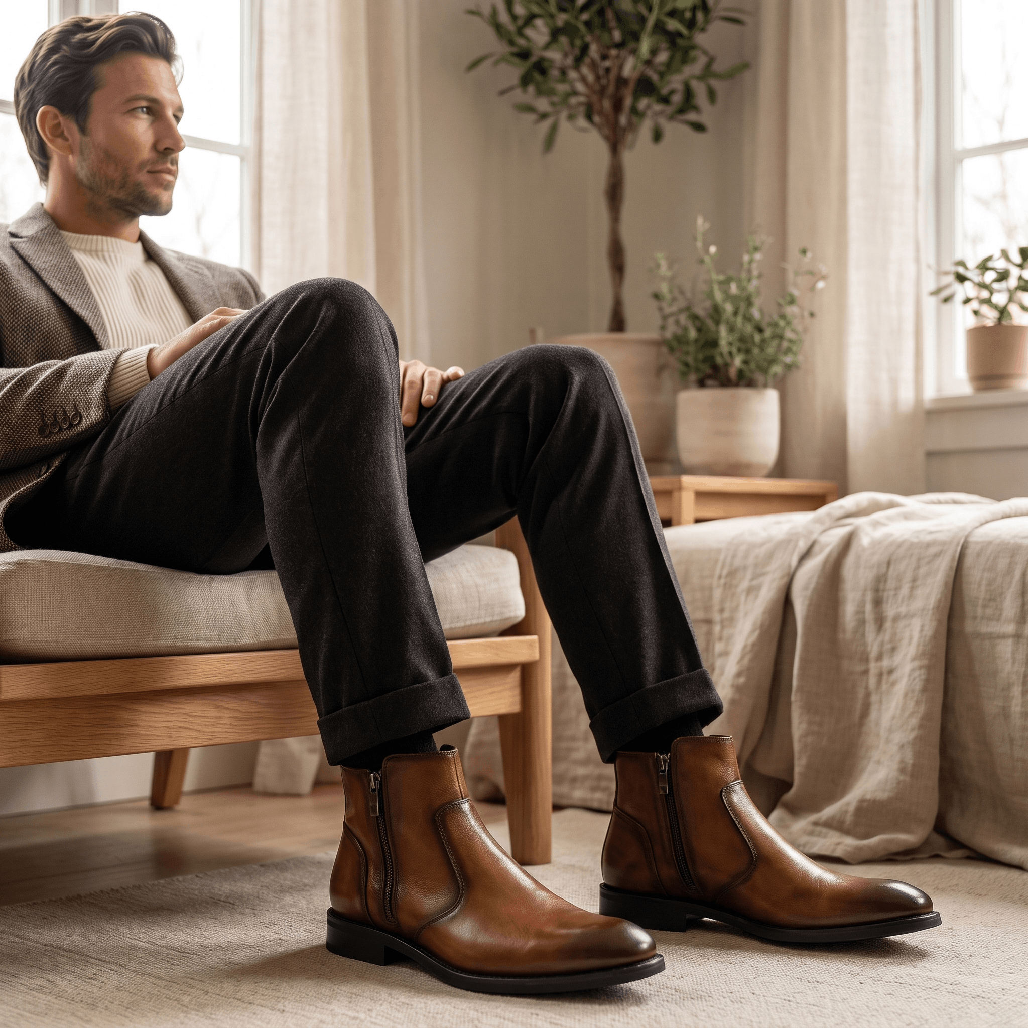 Burnished brown leather dress boots with a pointed toe, inside zip closure, and a slim stacked block heel.
