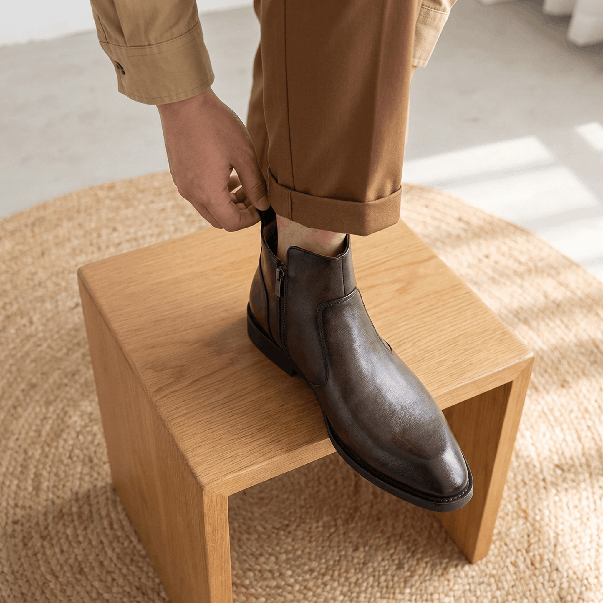 Burnished dark brown leather dress boots with a pointed toe, inside zip closure, and slim stacked heel.