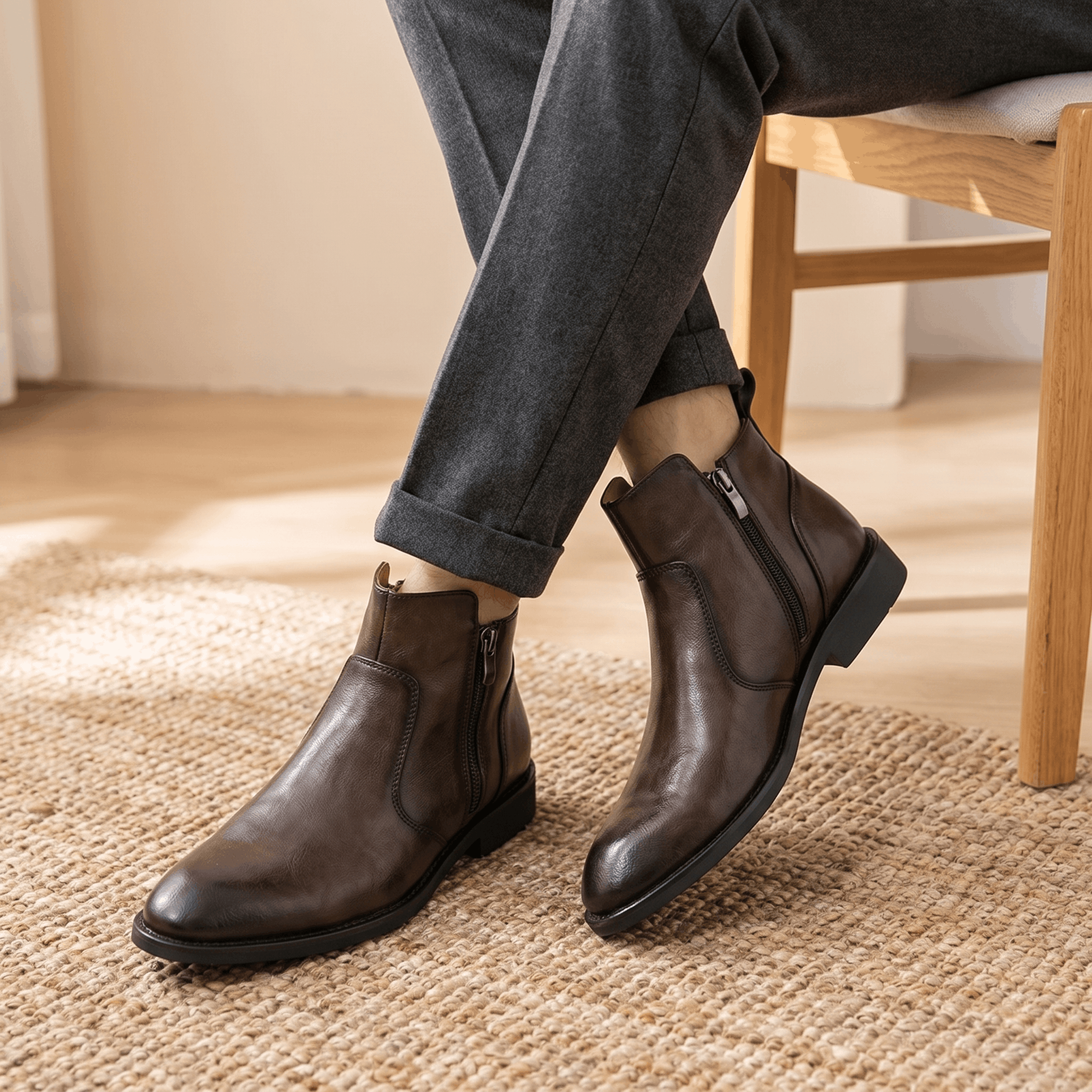 Burnished dark brown leather dress boots with a pointed toe, inside zip closure, and low stacked heel worn with grey trousers.