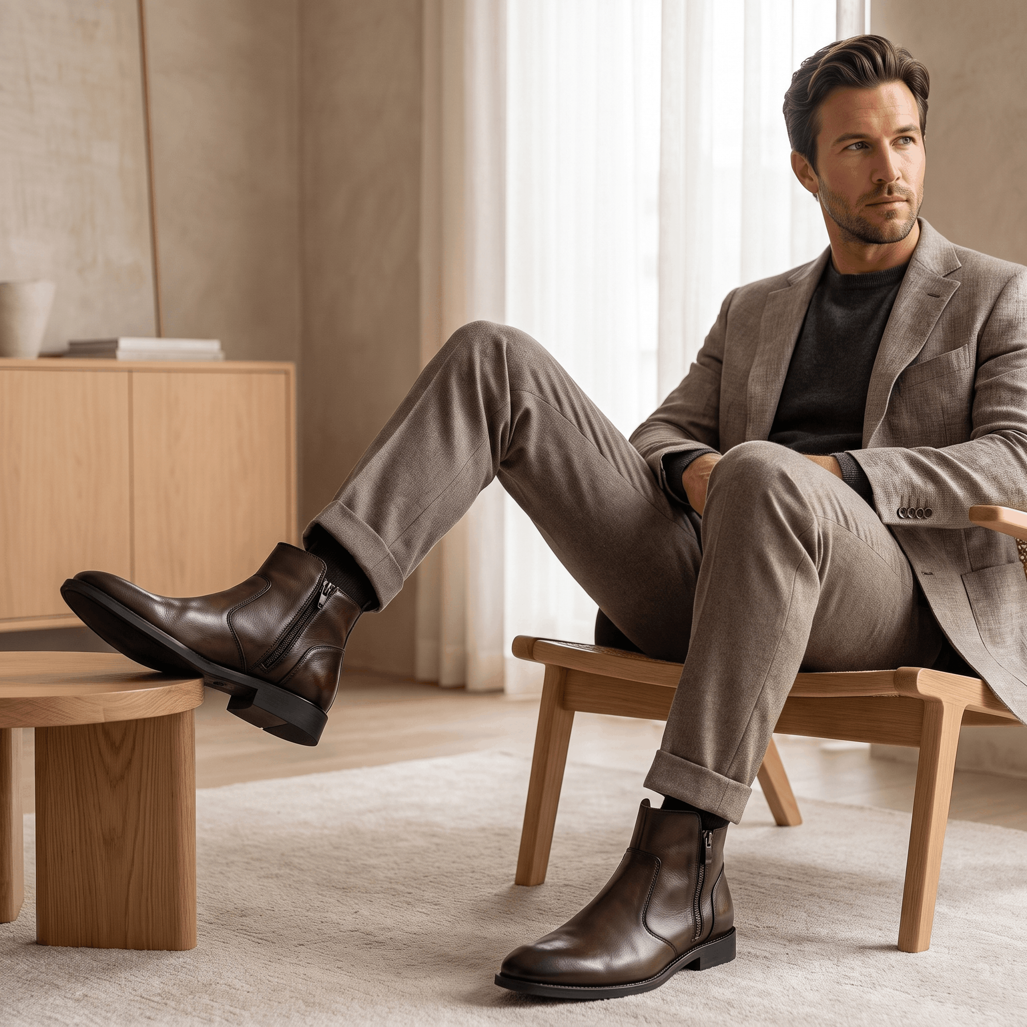 Burnished dark brown leather dress boots featuring a pointed toe, inside zip closure, and a low stacked block heel.