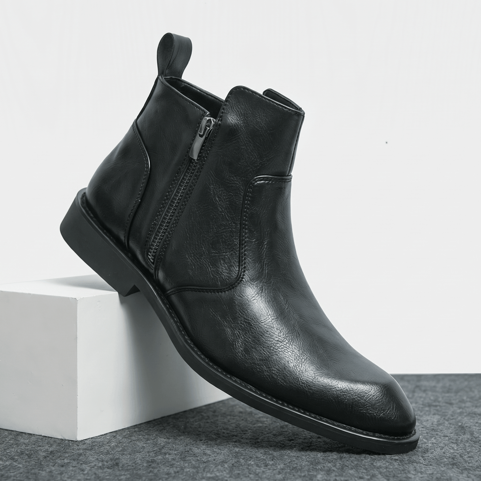 Burnished black leather dress boot with a pointed toe, inside zip closure, and a slim stacked block heel.