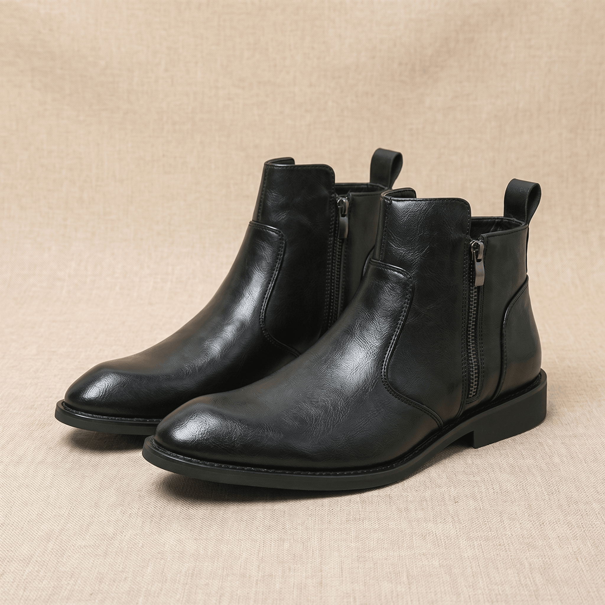 Black burnished leather dress boots with a pointed toe, inside zip closure, and a low stacked block heel.