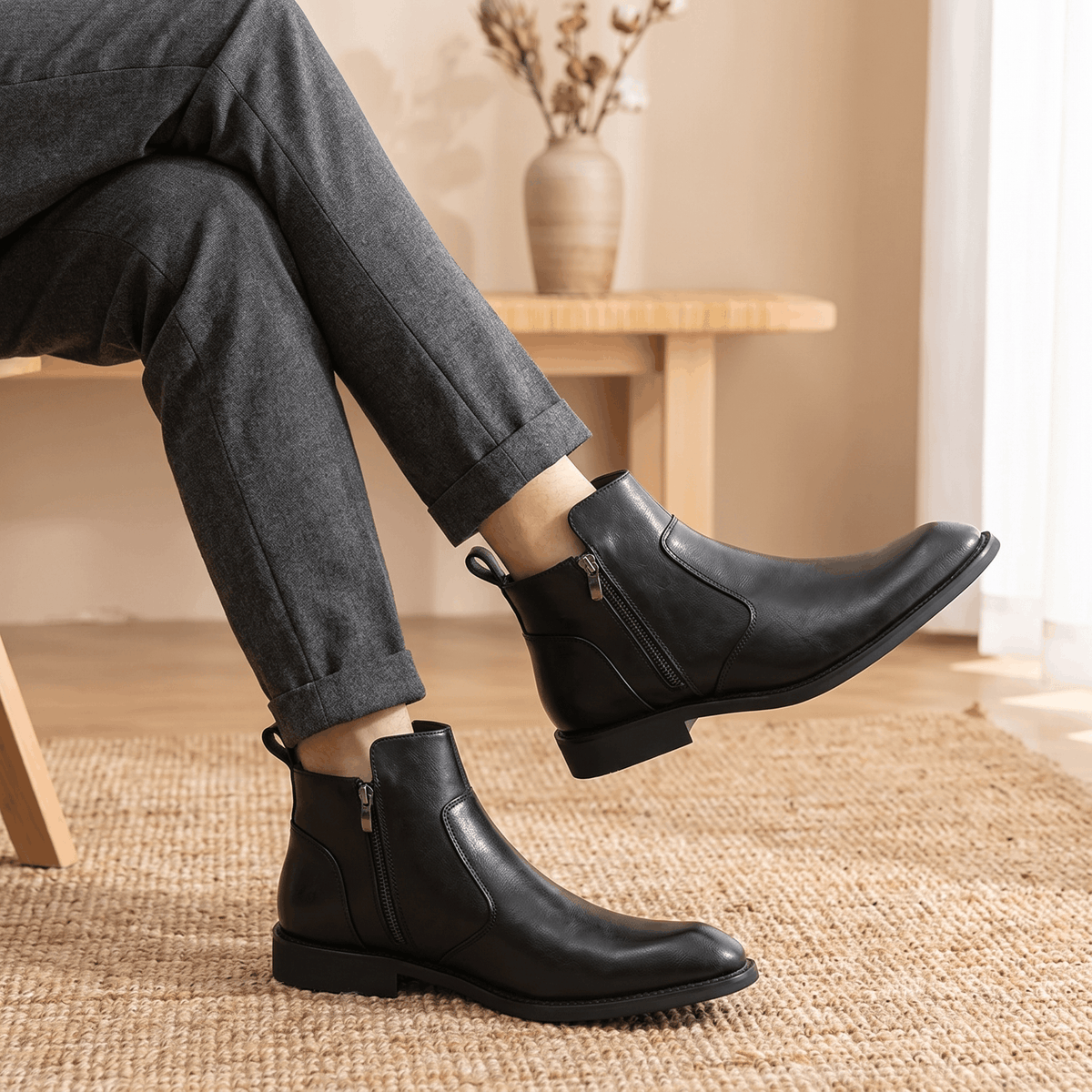 Black burnished leather dress boots with a pointed toe, inside zip closure, and low stacked heel worn with grey trousers.
