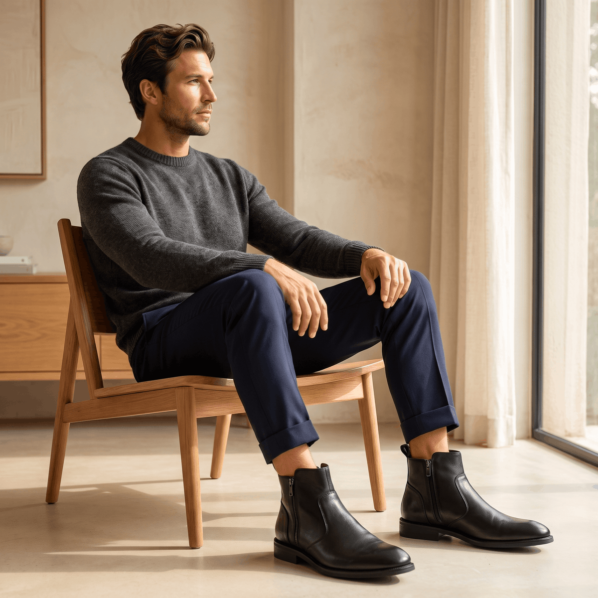 Burnished black leather dress boots with a pointed toe, inside zip closure, and low stacked heel worn with navy trousers.