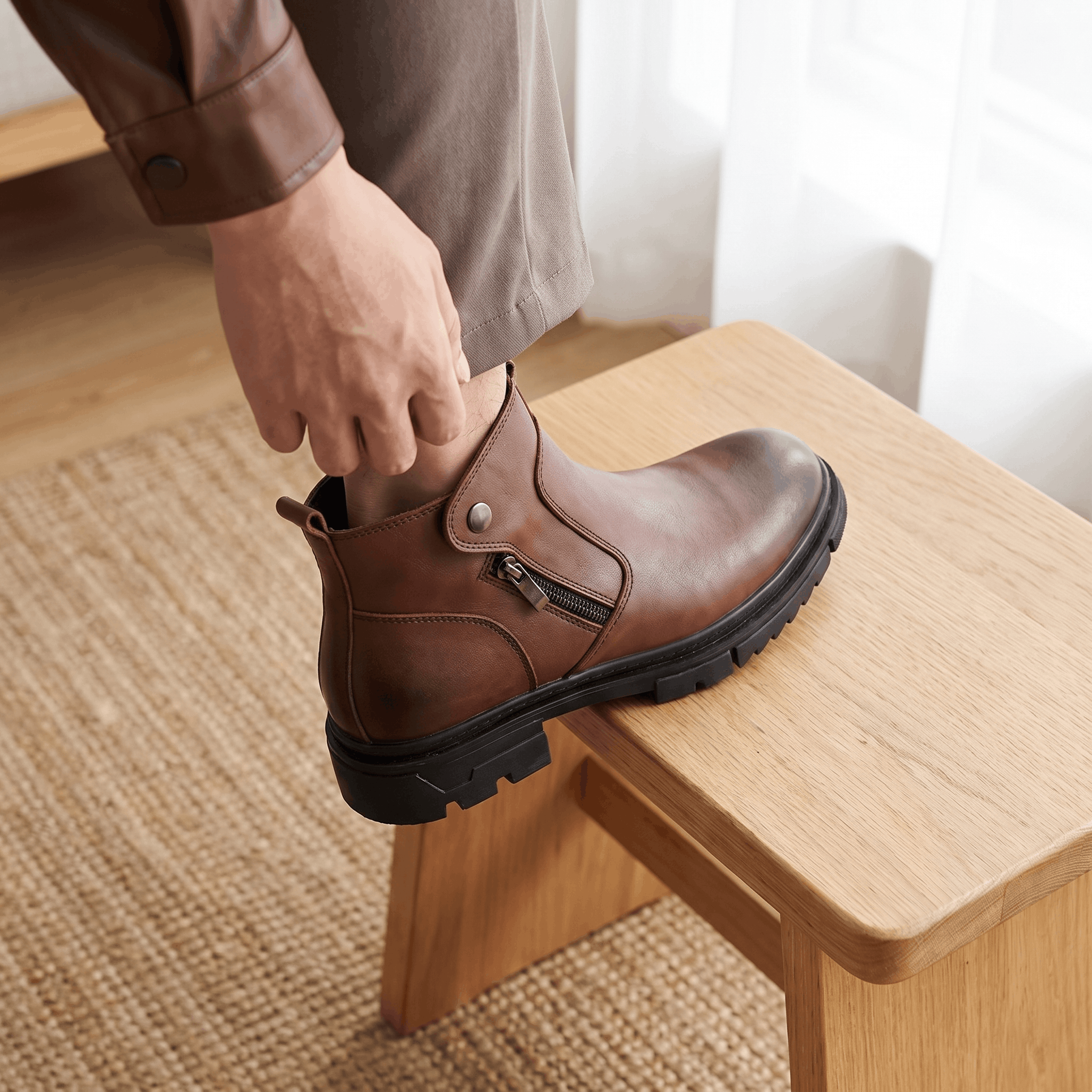 Smooth brown leather ankle boots with a side zip, snap tab, and chunky lugged rubber sole resting on a wooden stool.