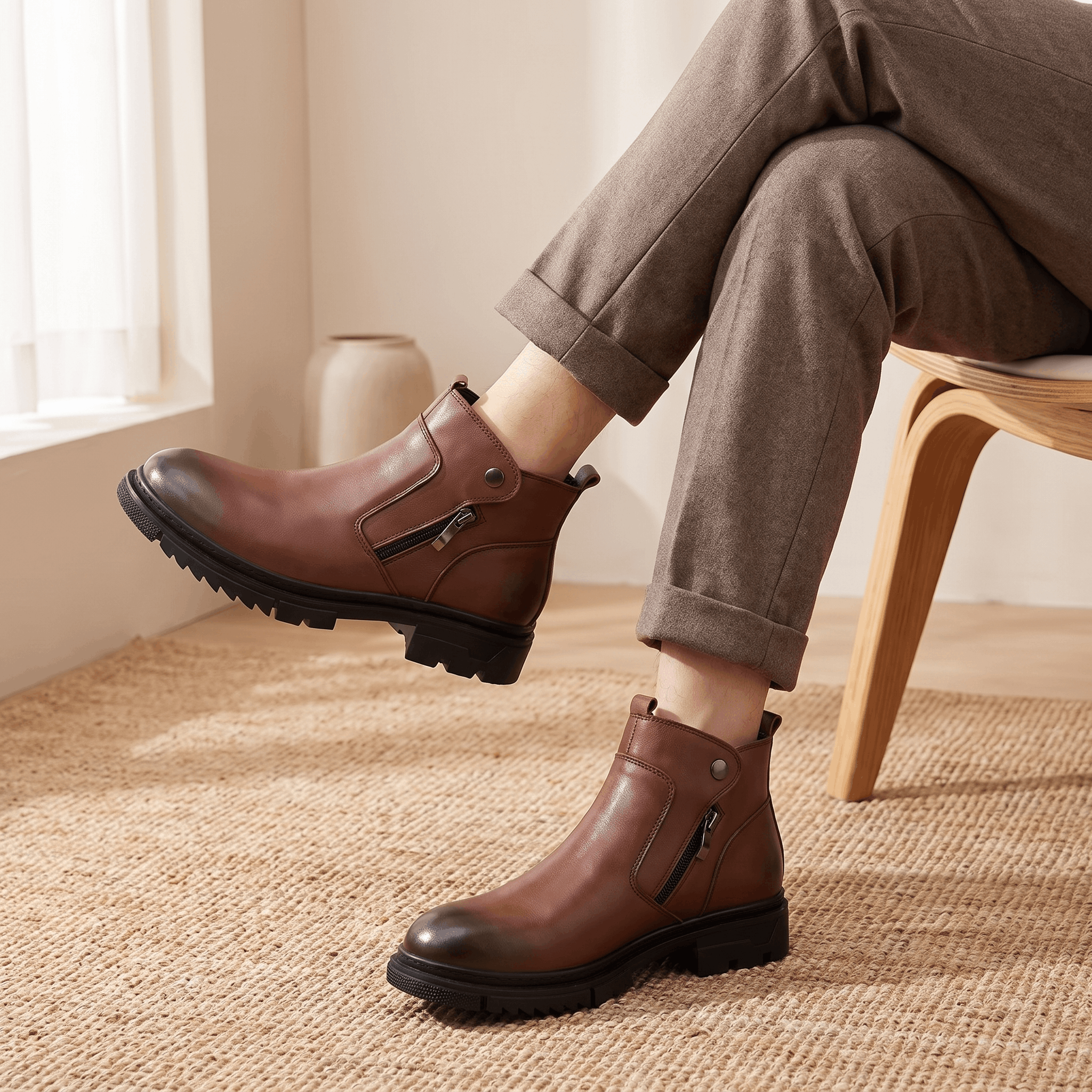 Brown leather ankle boots with side zippers, snap tabs, and chunky lug outsoles worn with cropped trousers.