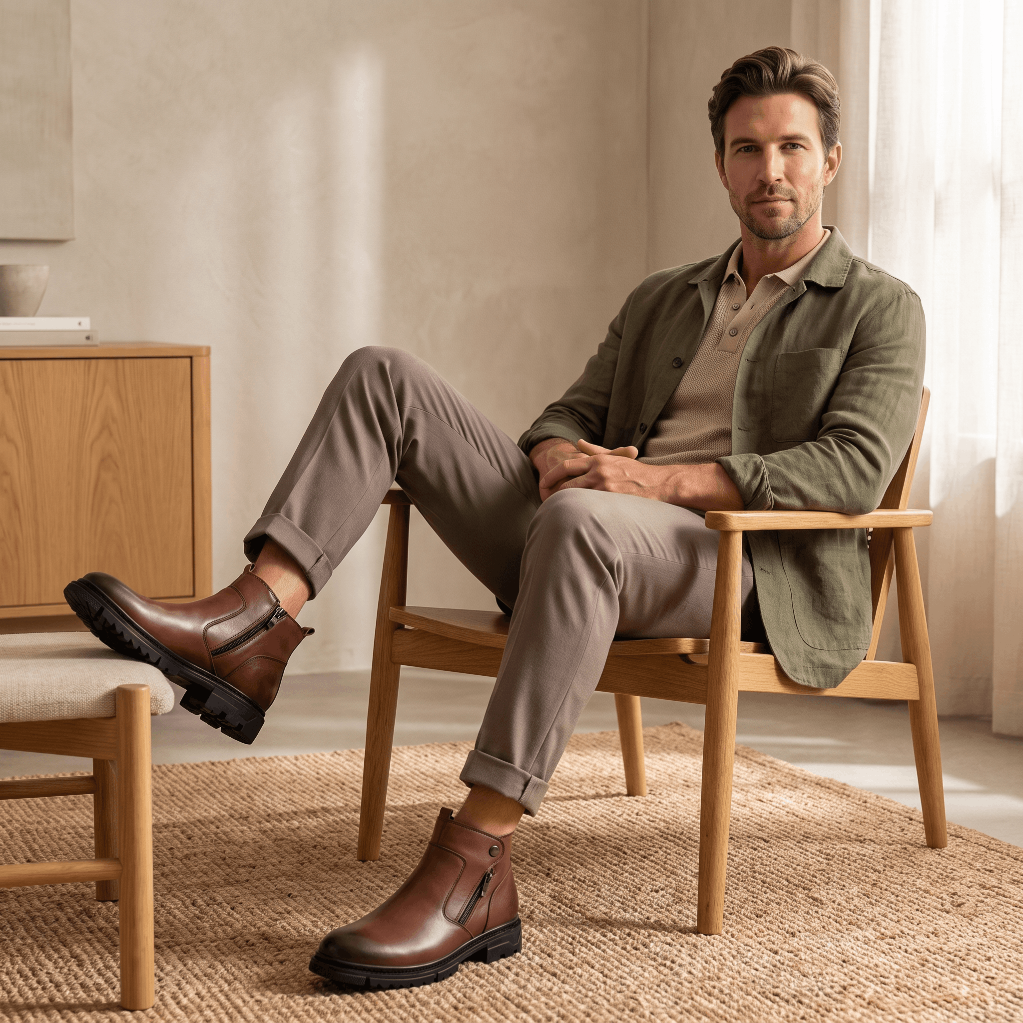 Smooth brown leather ankle boots with side zips, squared block heels, and chunky lug outsoles worn with cuffed trousers.