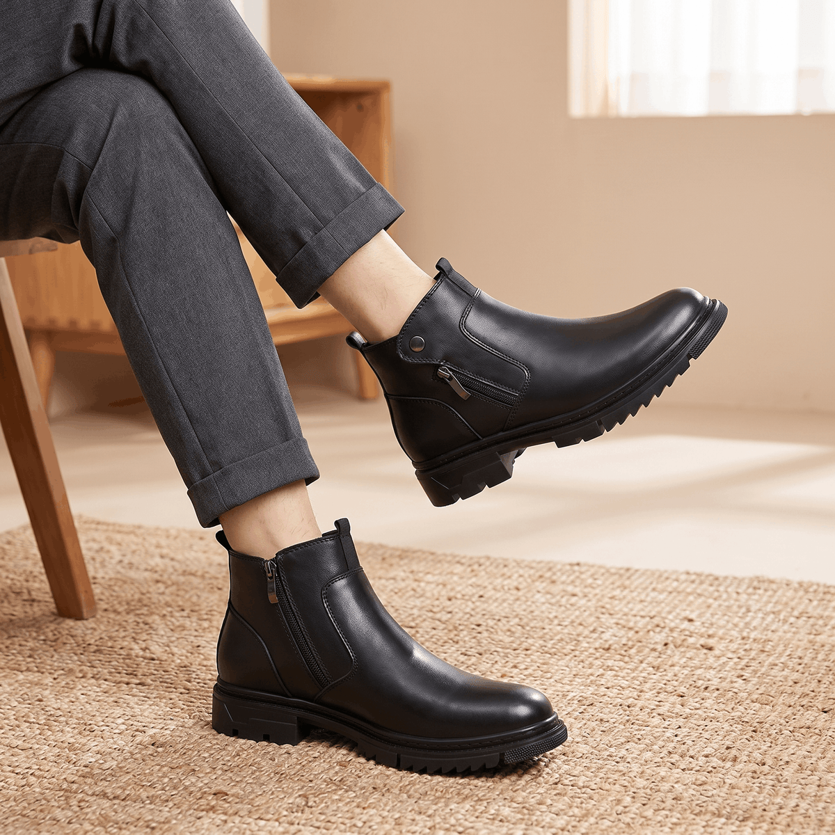 Smooth black leather ankle boots with side zip closures, snap tabs, and chunky lug outsoles worn with grey trousers.