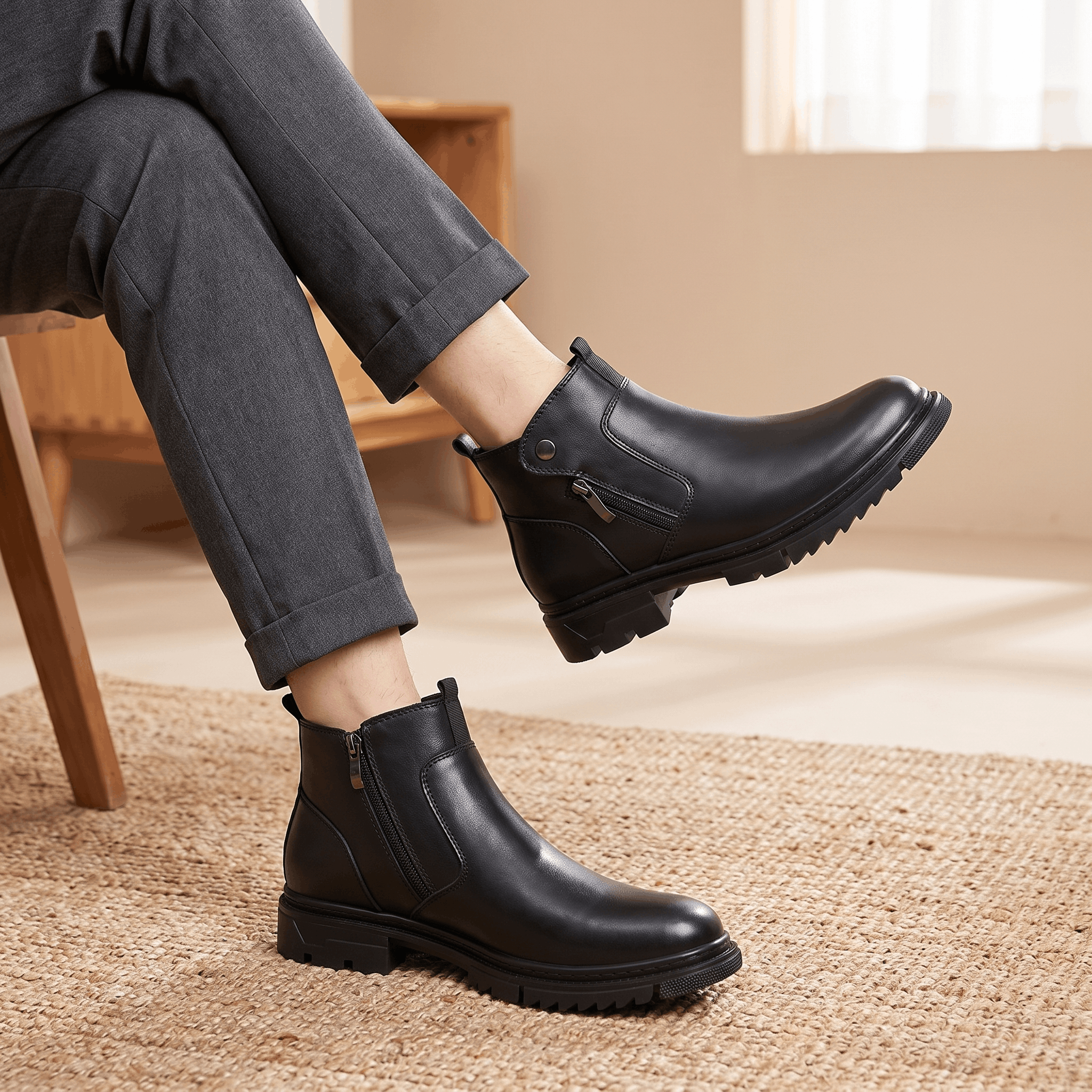 Smooth black leather ankle boots with side zip closures, snap tabs, and chunky lug outsoles worn with grey trousers.