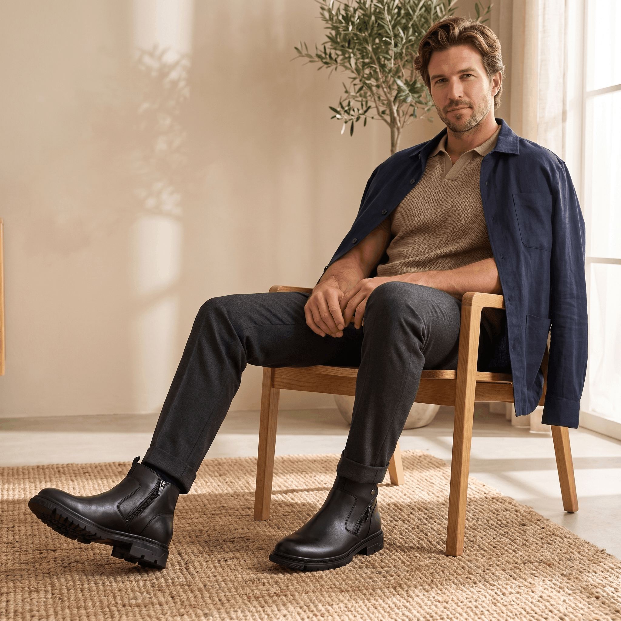 Smooth black leather ankle boots with side zip closures, round toes, and chunky lug outsoles worn by a seated man.