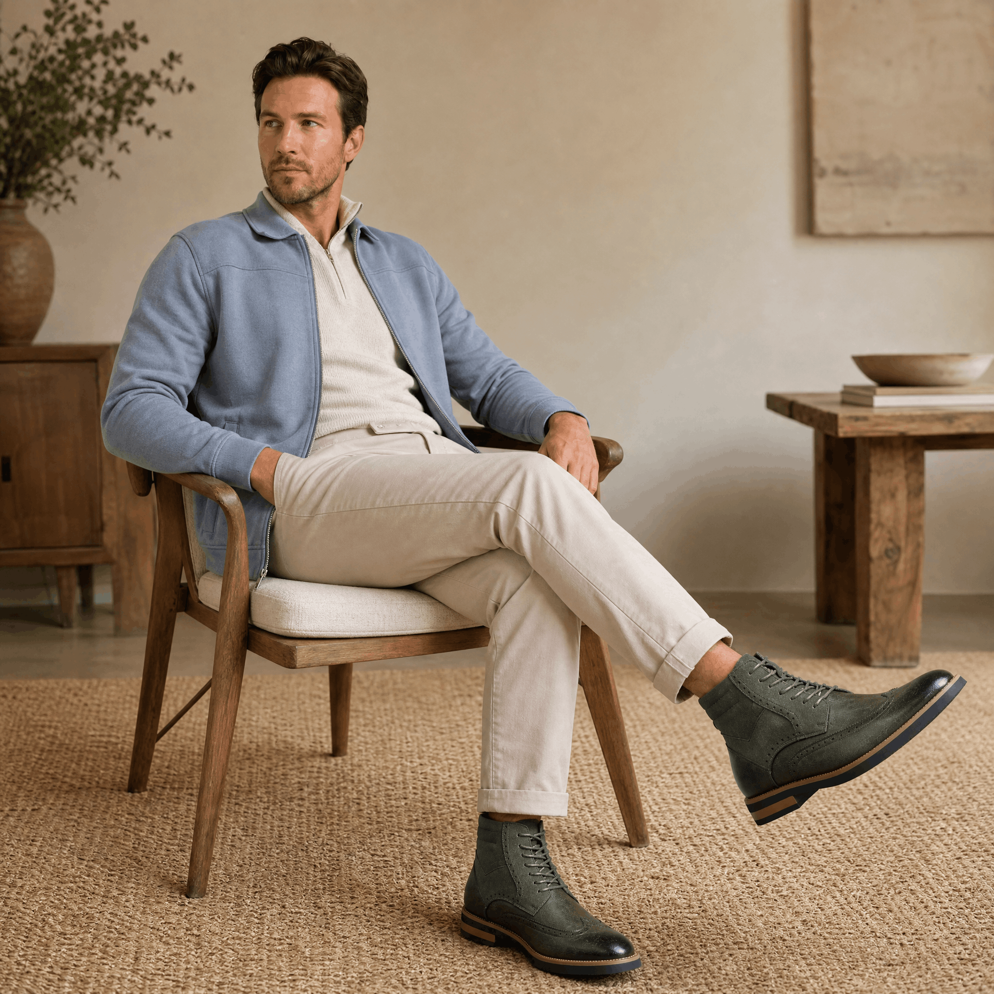 Dark gray leather wingtip ankle boots with suede shaft panels, lace-up closures, and welted rubber soles worn with chinos.