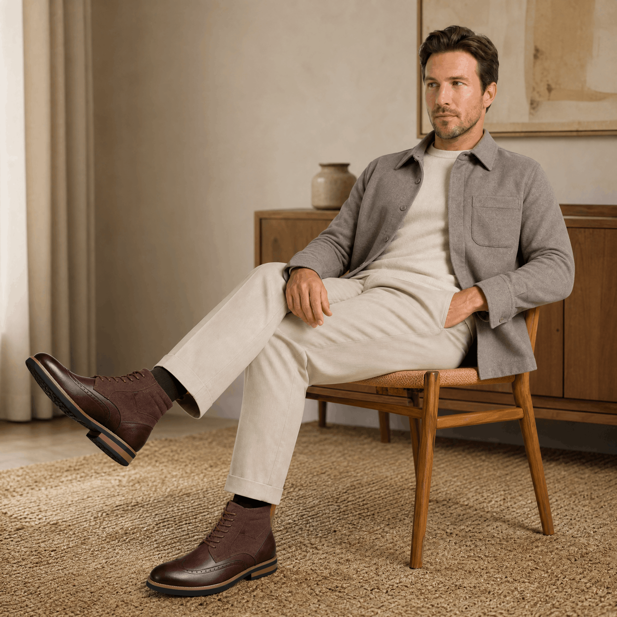 Dark brown leather wingtip brogue ankle boots featuring a suede shaft panel, burnished toe, and welted rubber sole.
