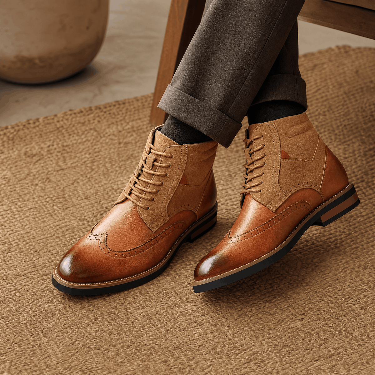 Tan leather wingtip ankle boots with suede shafts, burnished toes, and welted rubber soles worn with trousers.
