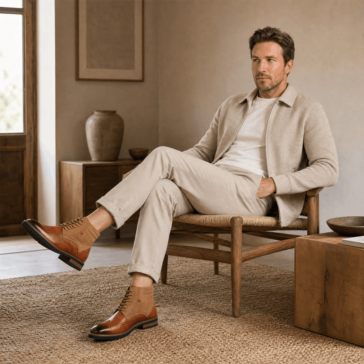 Tan leather wingtip ankle boots with suede shaft panels, burnished toes, and welted rubber soles worn with beige trousers.