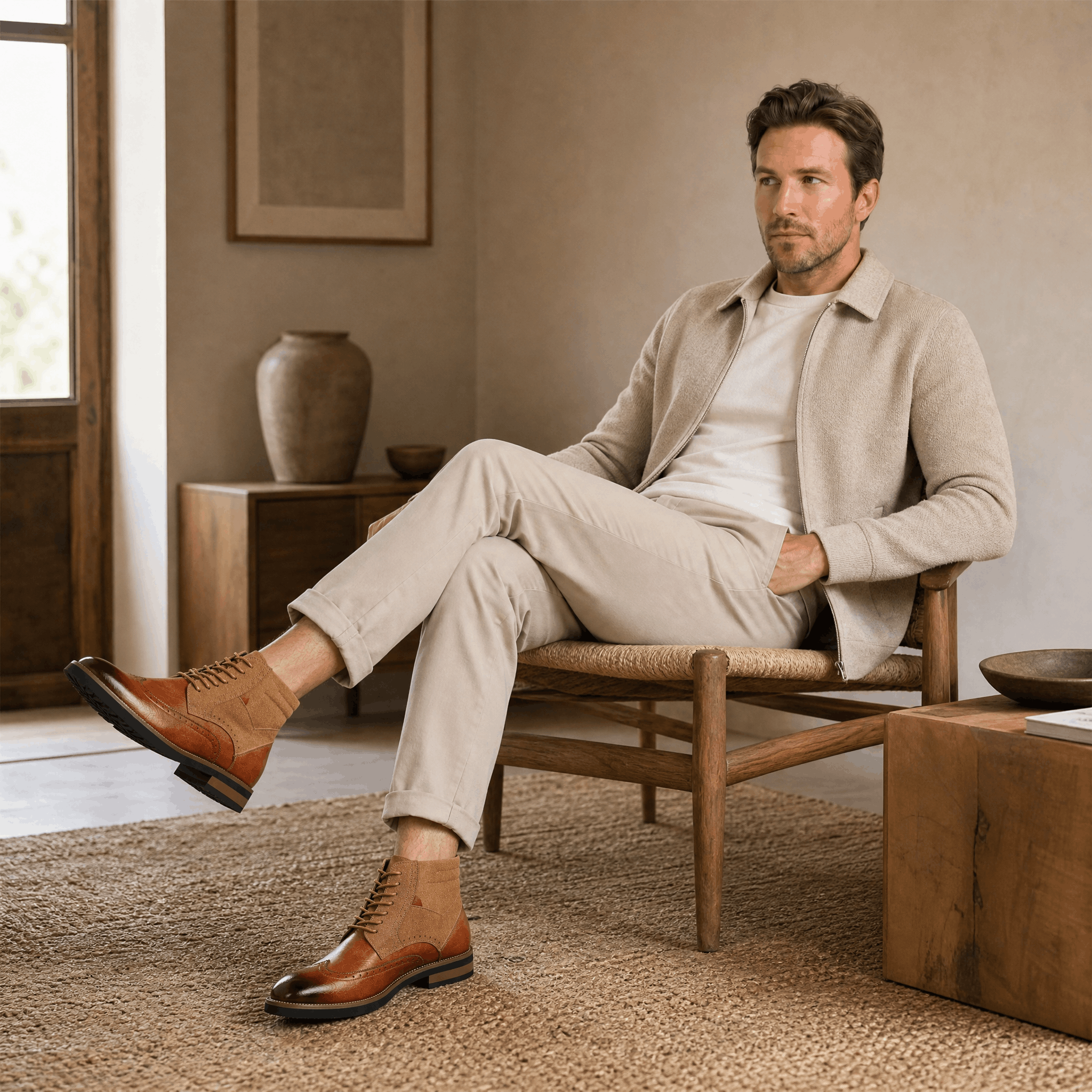 Tan leather wingtip ankle boots with suede shaft panels, burnished toes, and welted rubber soles worn with beige trousers.