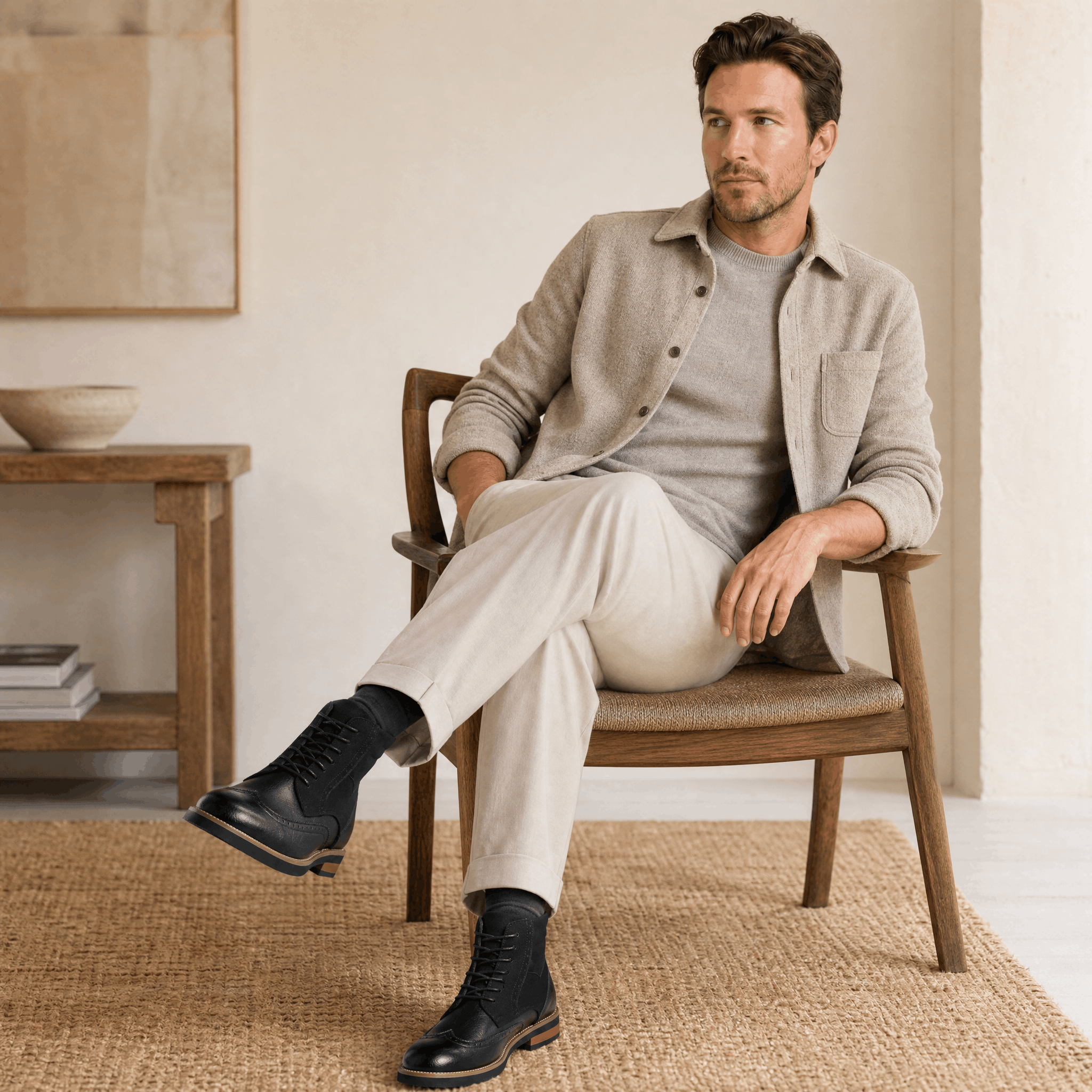 Black leather wingtip brogue ankle boots featuring a suede shaft, lace-up front, and welted rubber sole worn with trousers.