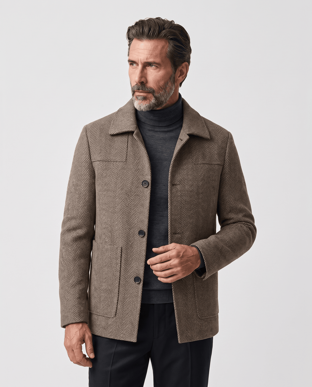 Man wearing the Henrik light brown herringbone wool coat, front view