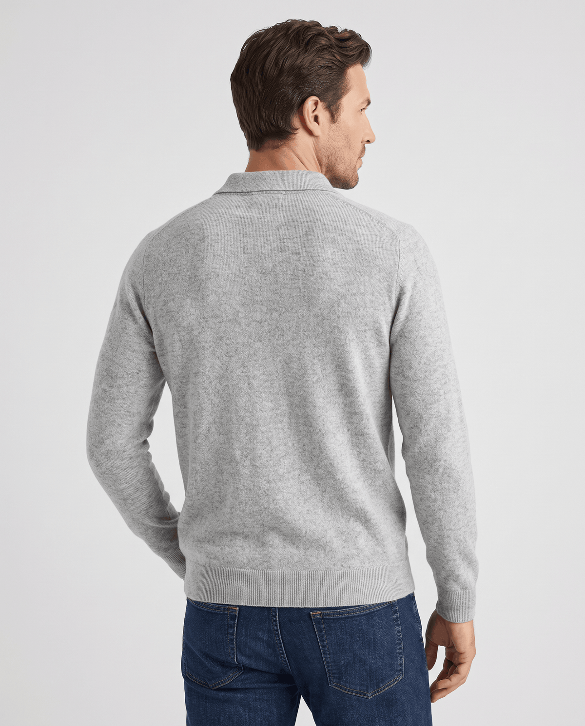Back view of the Elias light gray wool knit polo sweater