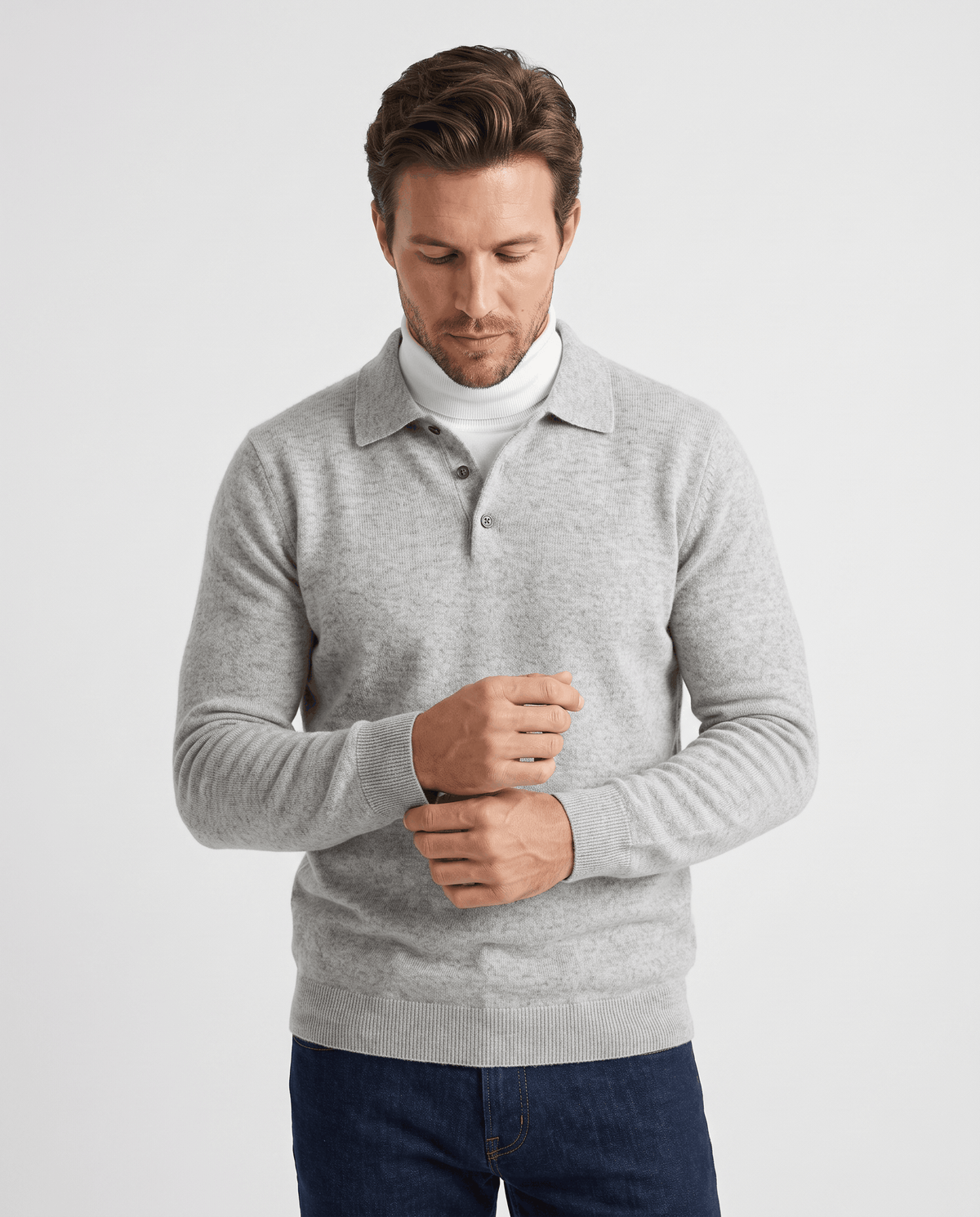 Man wearing the Elias light gray wool knit polo sweater, front view