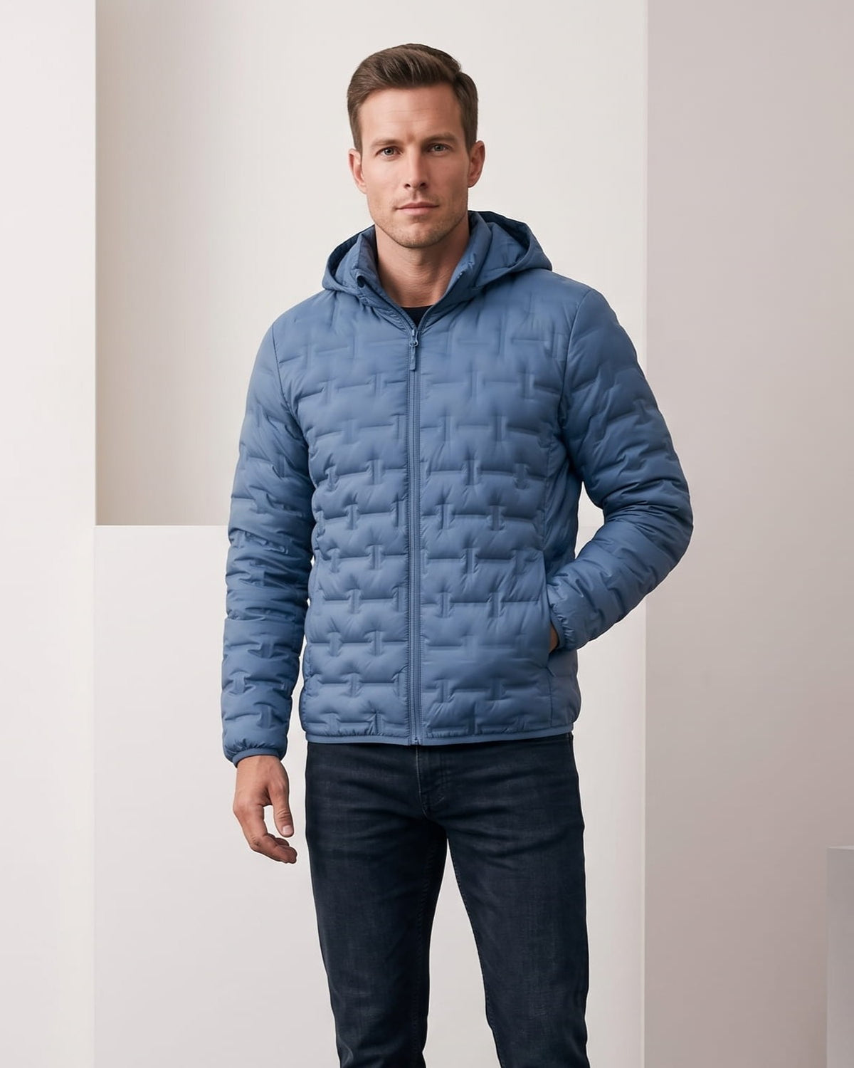 Blue colorway worn hooded and zipped, showing the slim silhouette