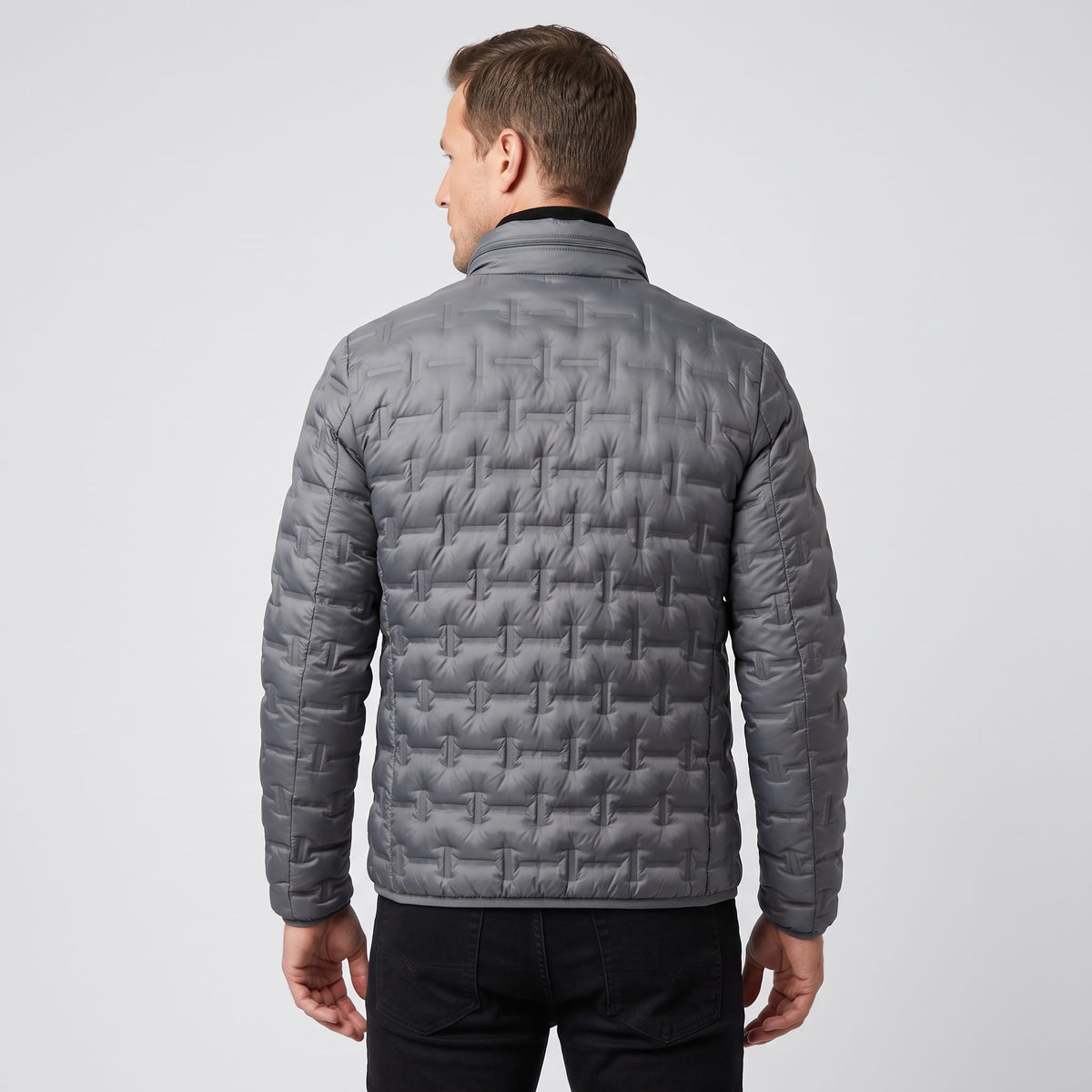 Back view of the gray colorway showing the basketweave quilt pattern