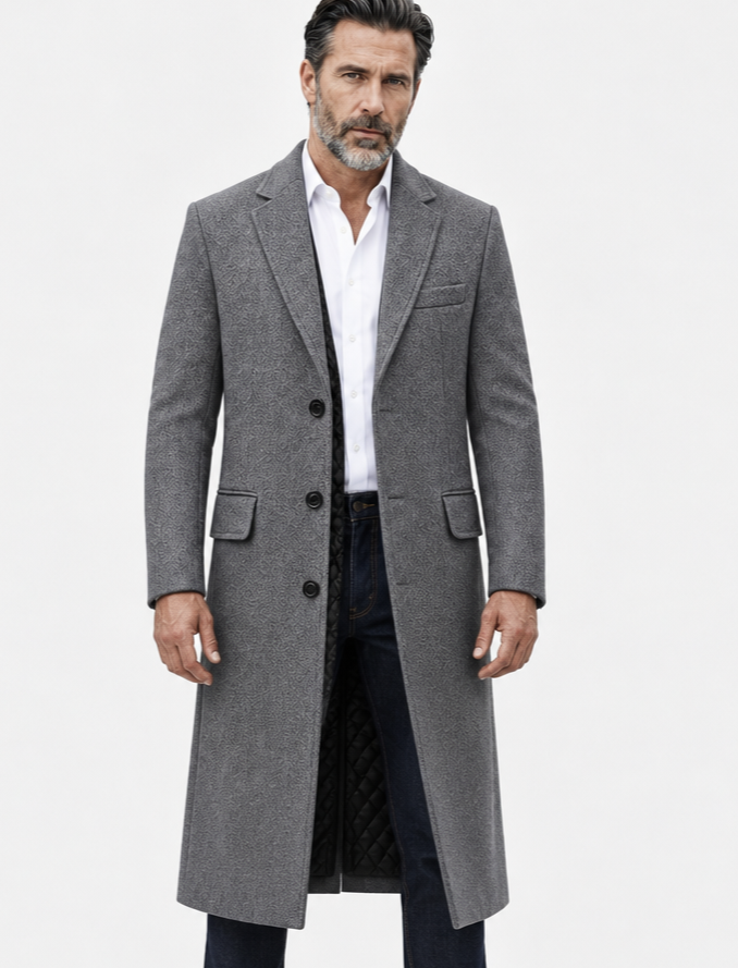 Men's Long Overcoat – Wool Blend, Single-Breasted & Flap Pockets | Alexander