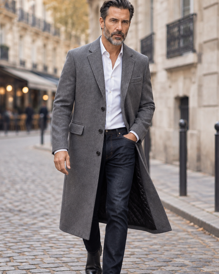 Man walking on a cobblestone street in a gray overcoat, white shirt and dark trousers