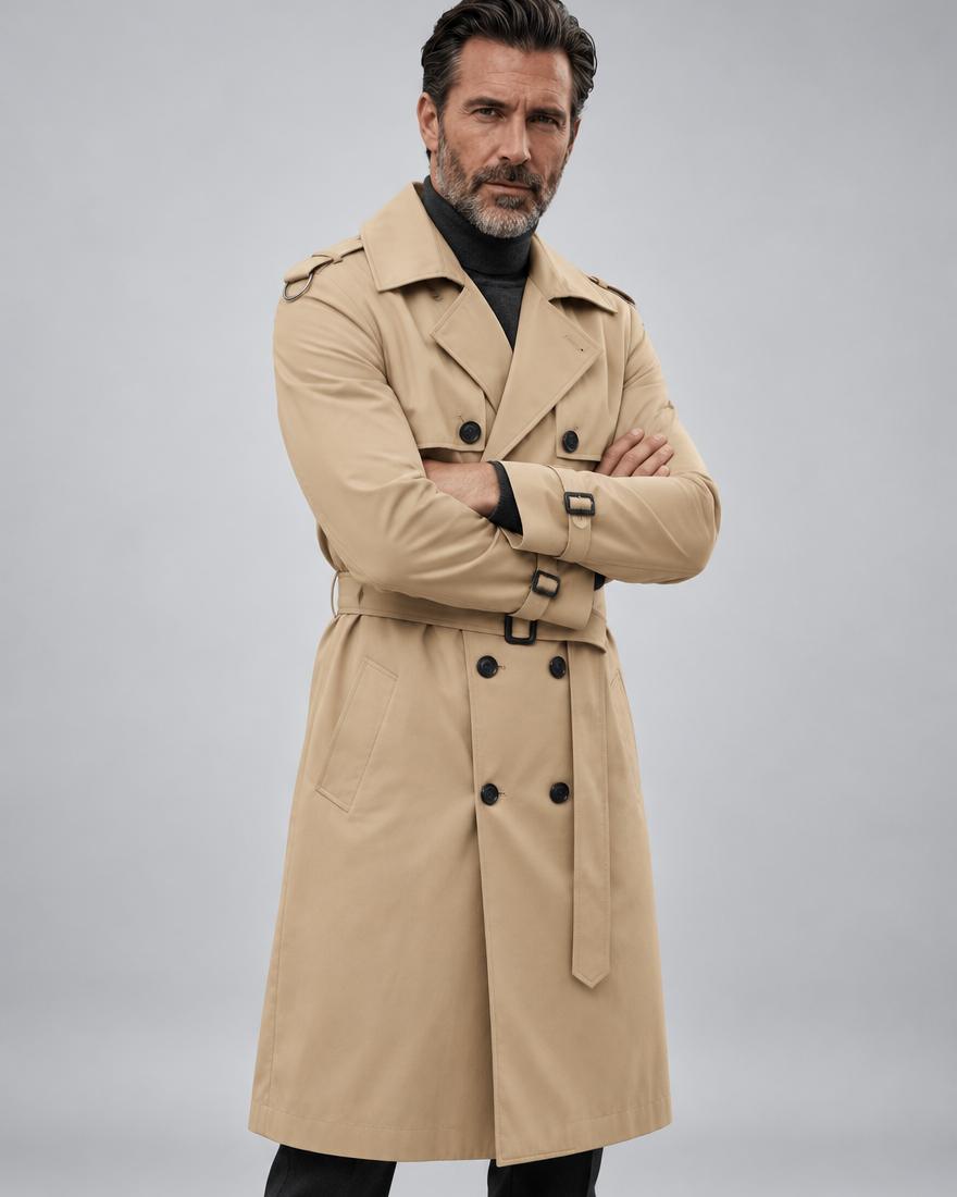 Men's Long Trench Coat – Double-Breasted, Belted & Over-the-Knee | Percival