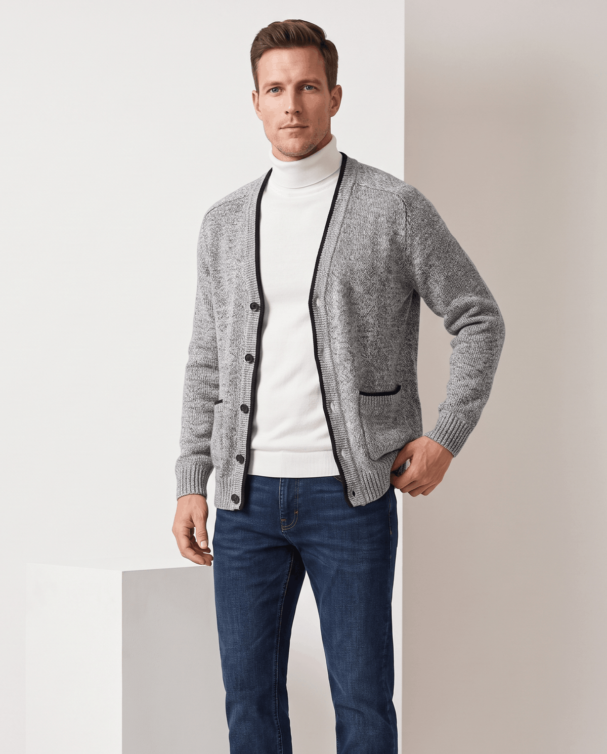 Man wearing a light gray marled knit V-neck cardigan sweater with black trim and jeans