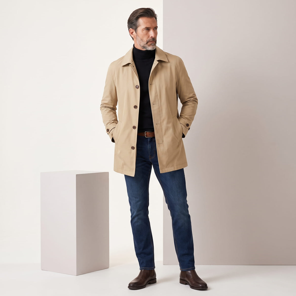 Full-length beige trench coat styled with blue jeans and brown shoes