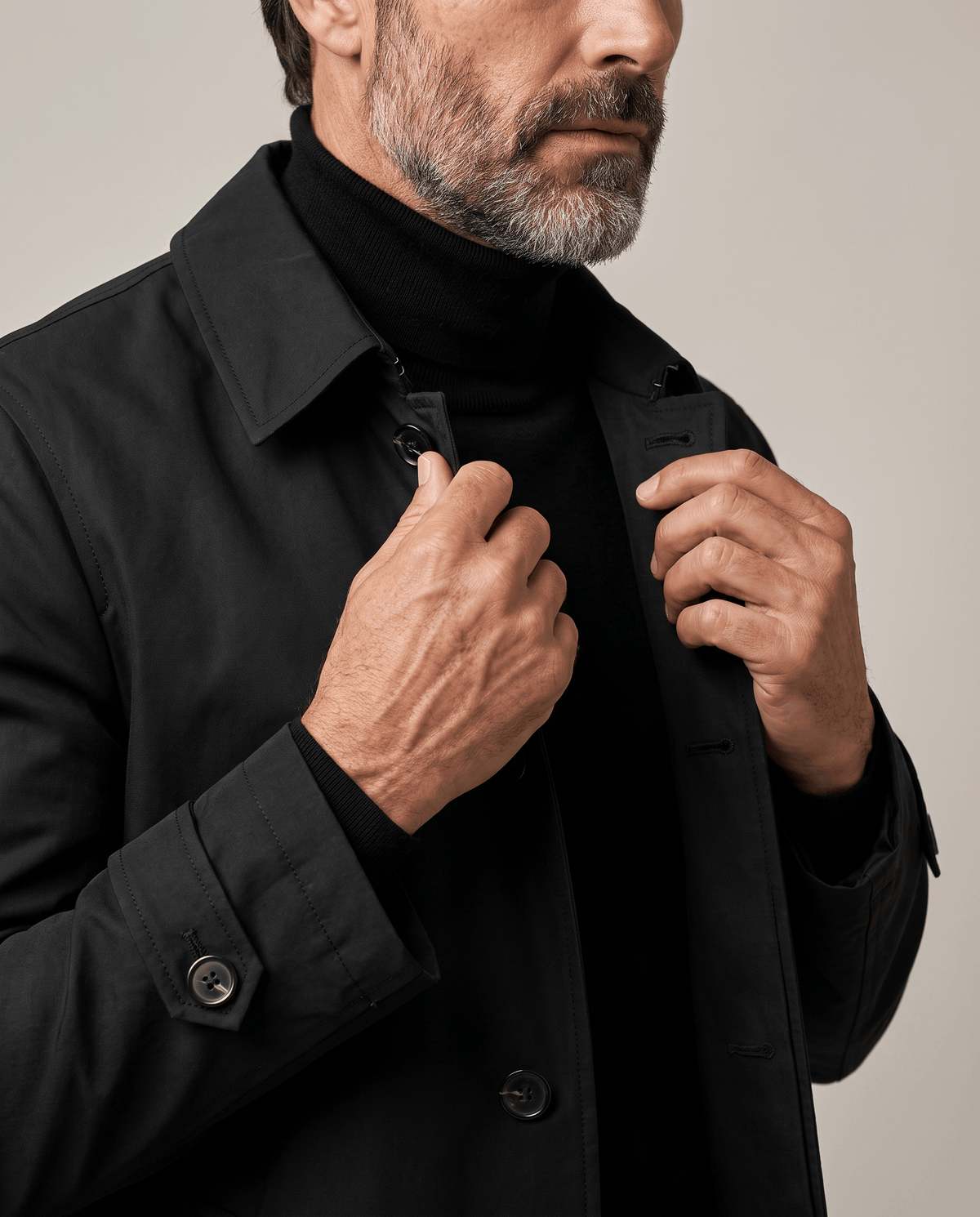 Close-up of the button front on a black trench coat