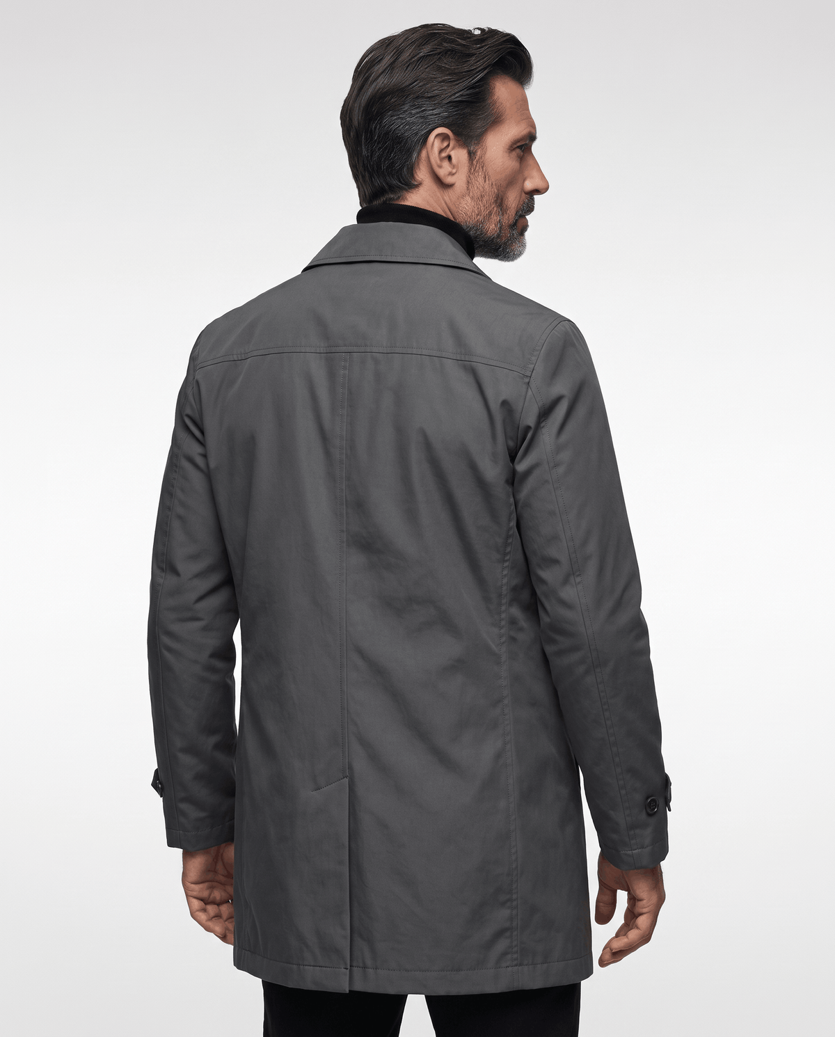 Back view of a gray trench coat on a man with a straight hem