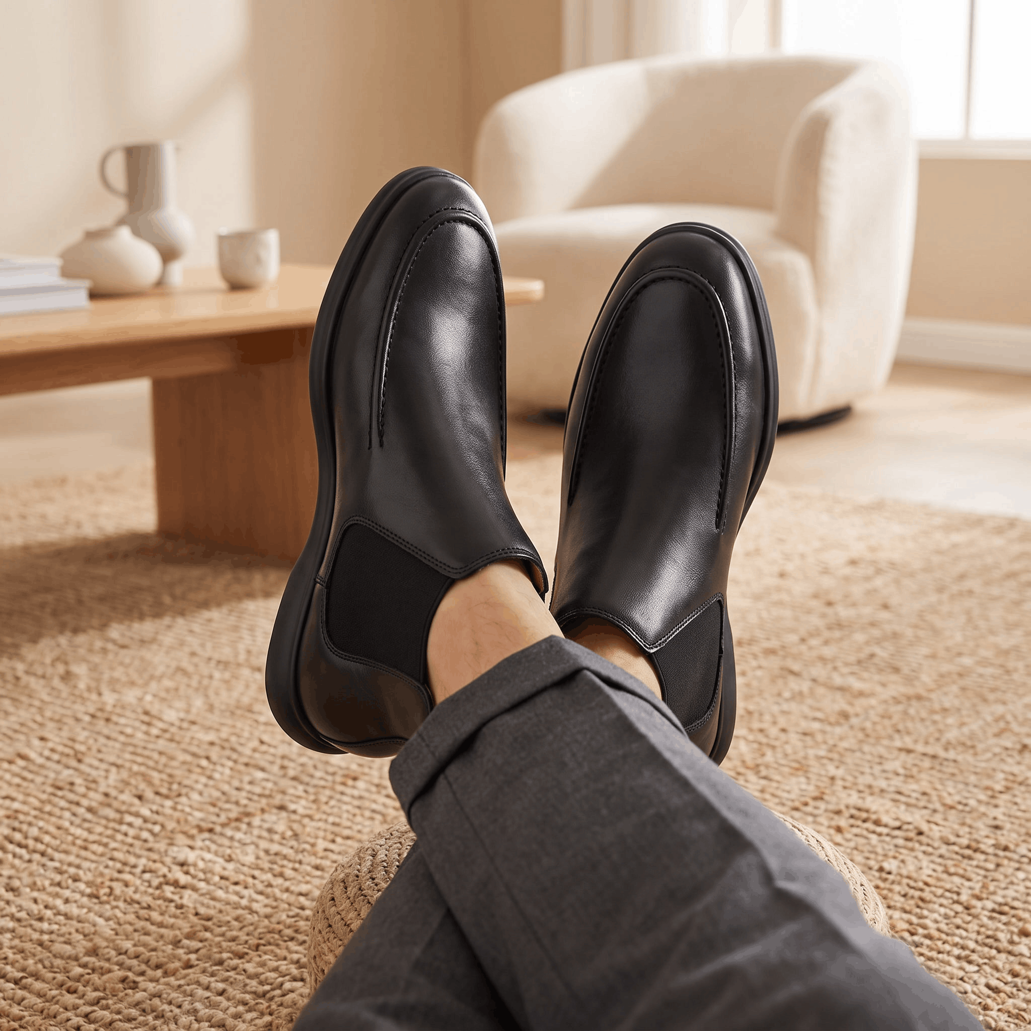 Person seated indoors wearing black moc toe Chelsea boots with dark trousers, showing the low-profile silhouette.