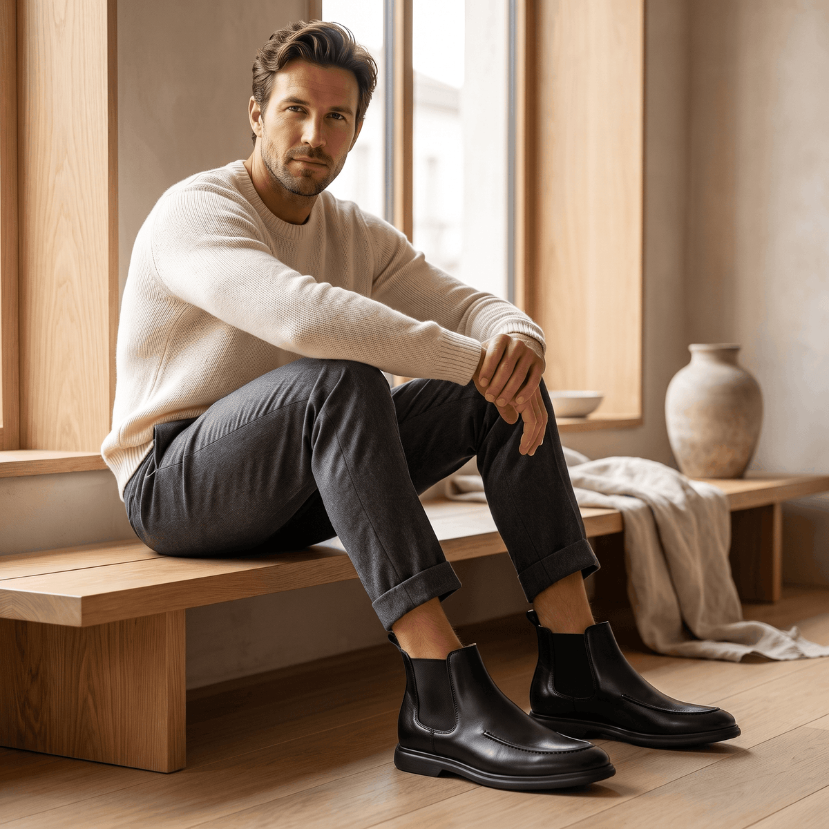 Man seated indoors wearing black moc toe Chelsea boots with dark trousers and slim cupsoles.
