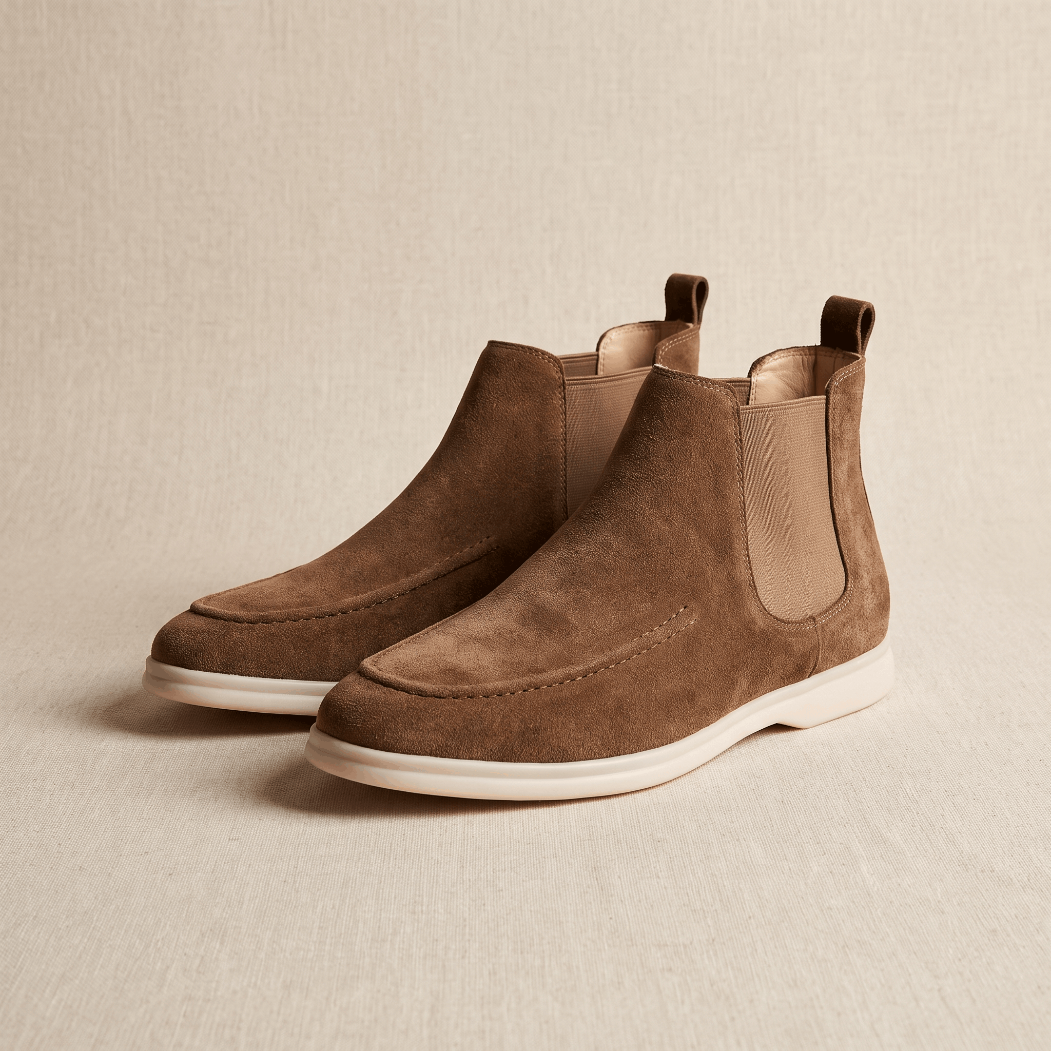 Pair of brown suede moc toe Chelsea boots with elastic side panels, pull tabs, and light-coloured cupsoles.