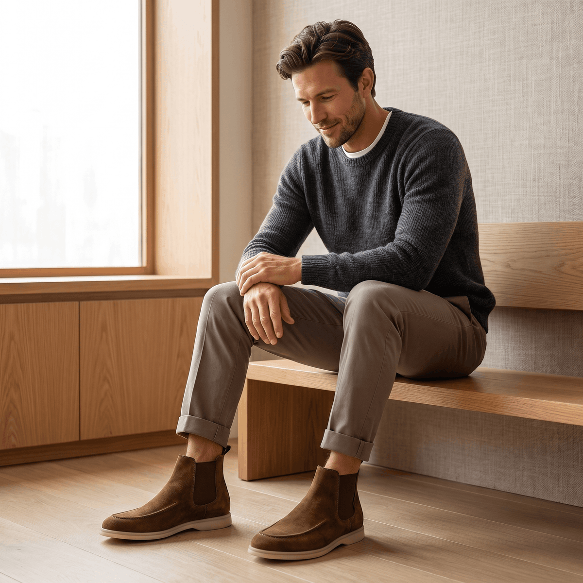 Man seated indoors wearing brown suede moc toe Chelsea boots with dark trousers.
