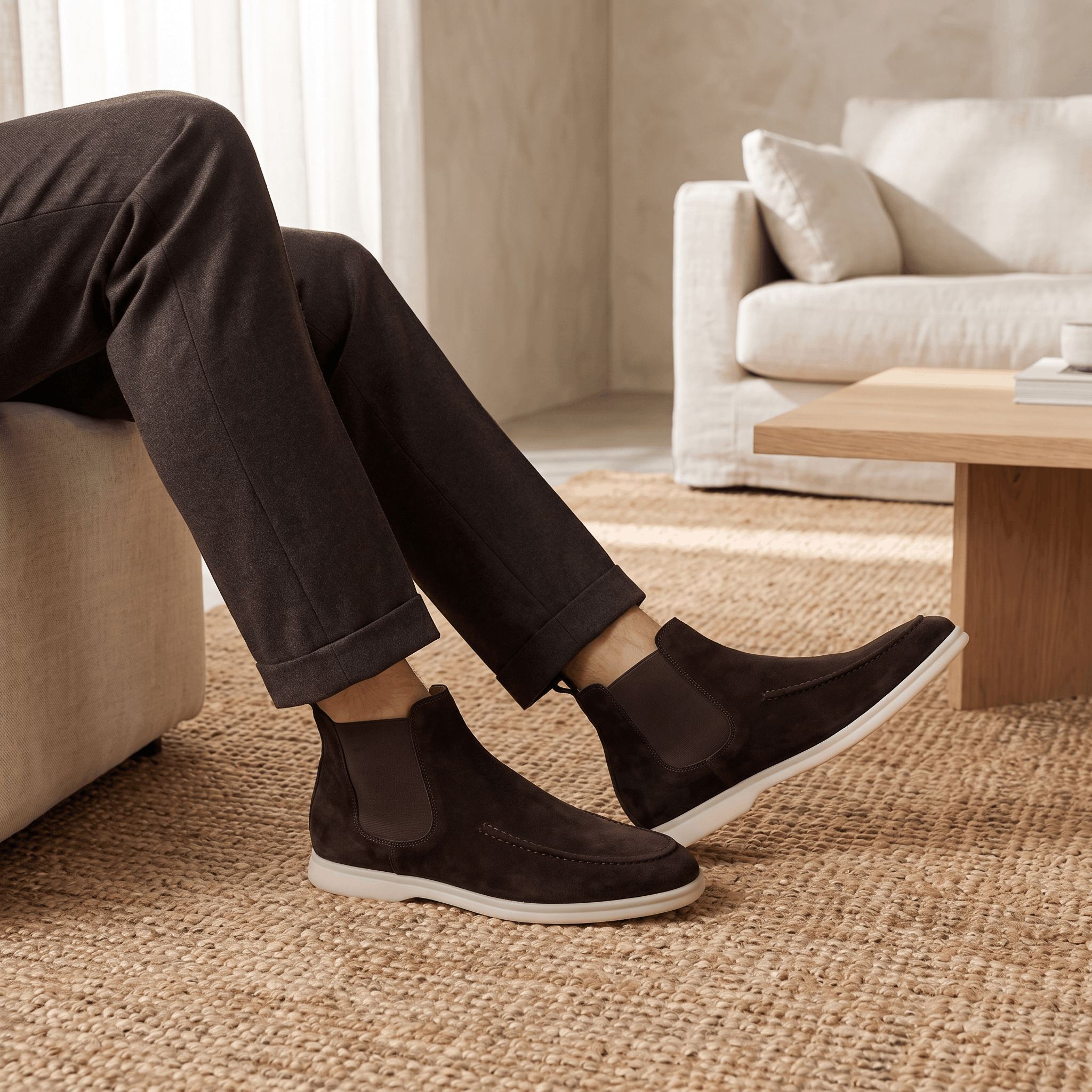 Person wearing dark brown suede moc toe Chelsea boots while seated on a wooden bench.