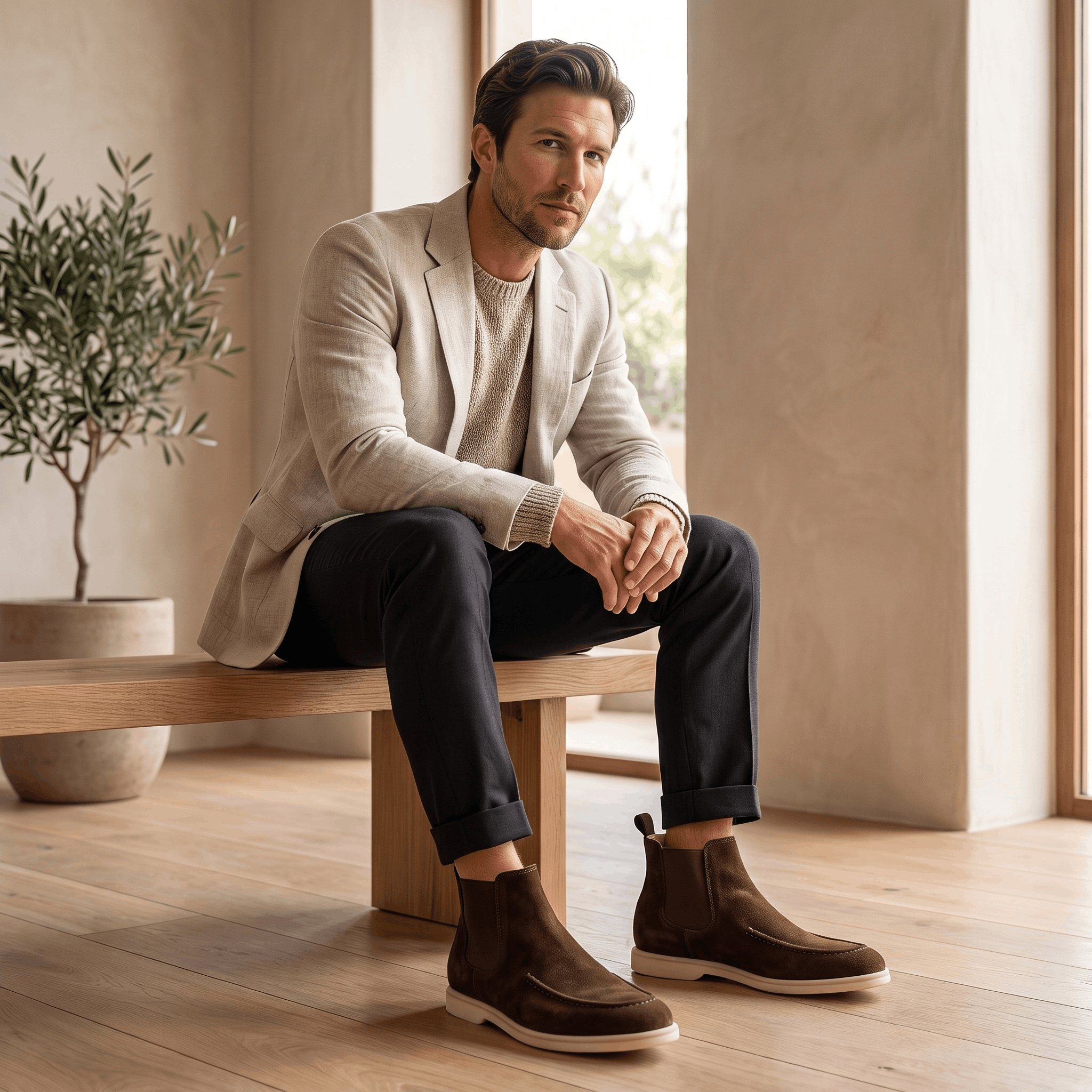 Man seated indoors wearing dark brown suede moc toe Chelsea boots with dark trousers.