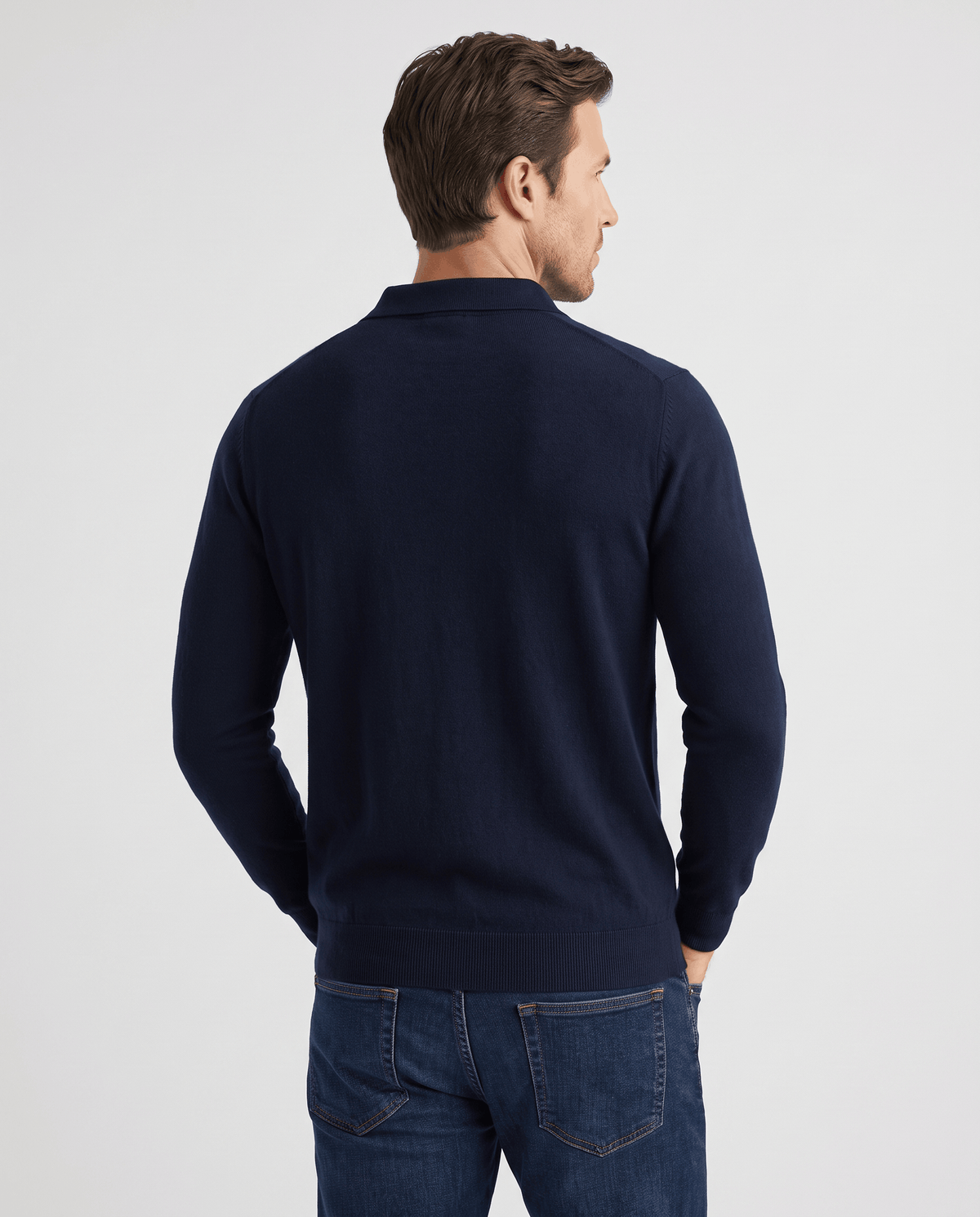 Back view of the Elias navy wool knit polo sweater