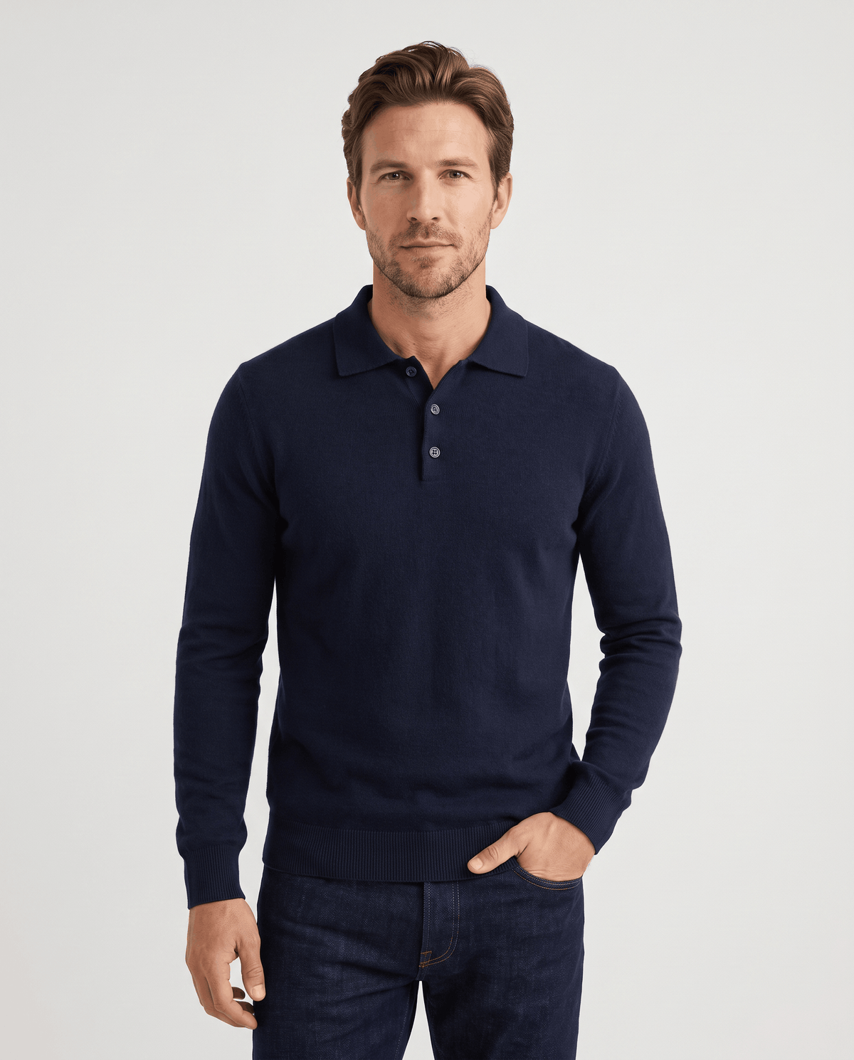 Man wearing the Elias navy wool knit polo sweater, front view